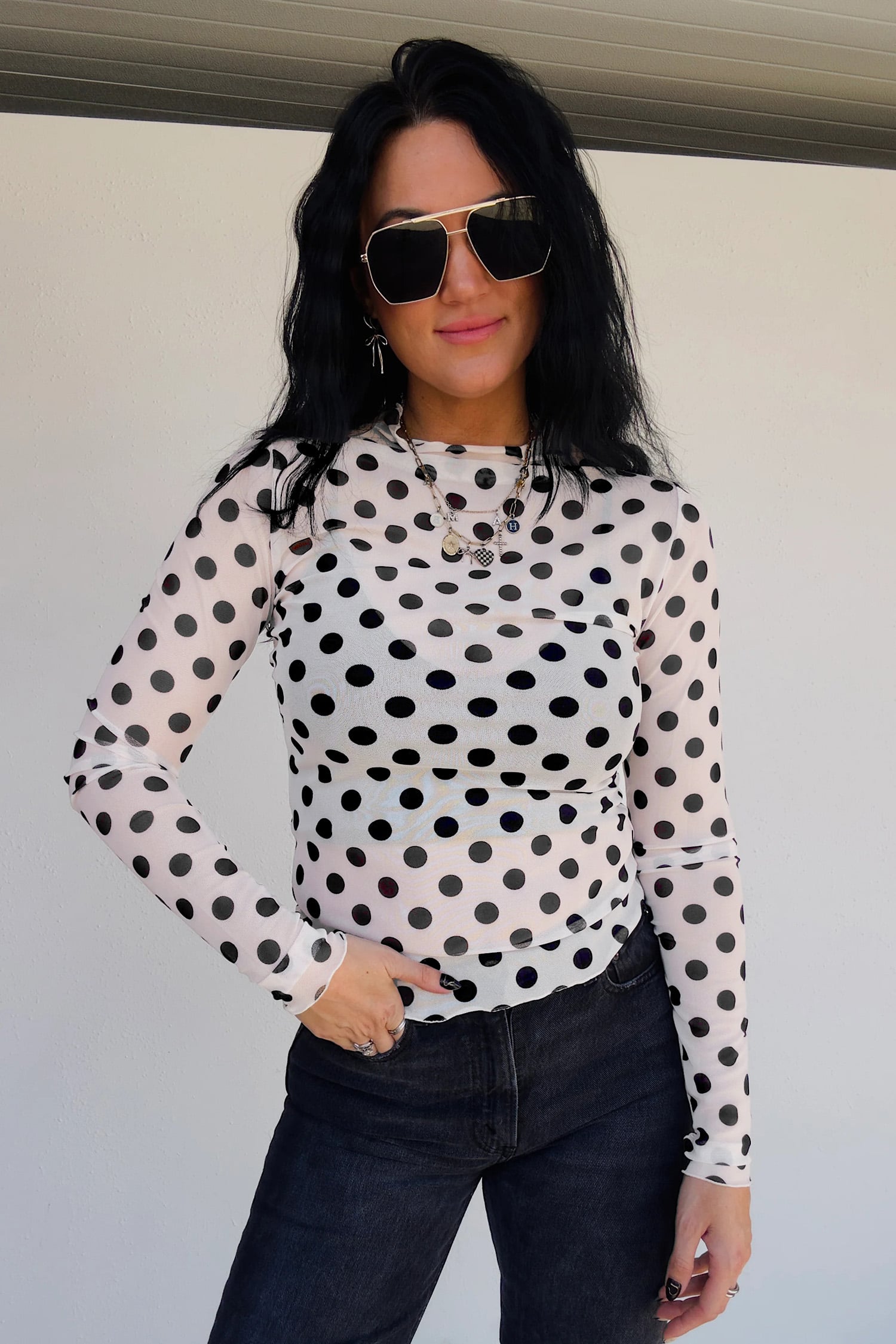 White Polka Dot Mesh Long Sleeve Stand Neck Sheath Top