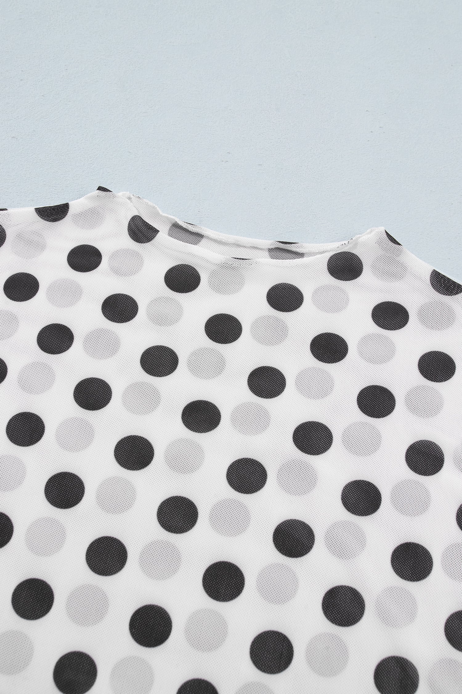 White Polka Dot Mesh Long Sleeve Stand Neck Sheath Top