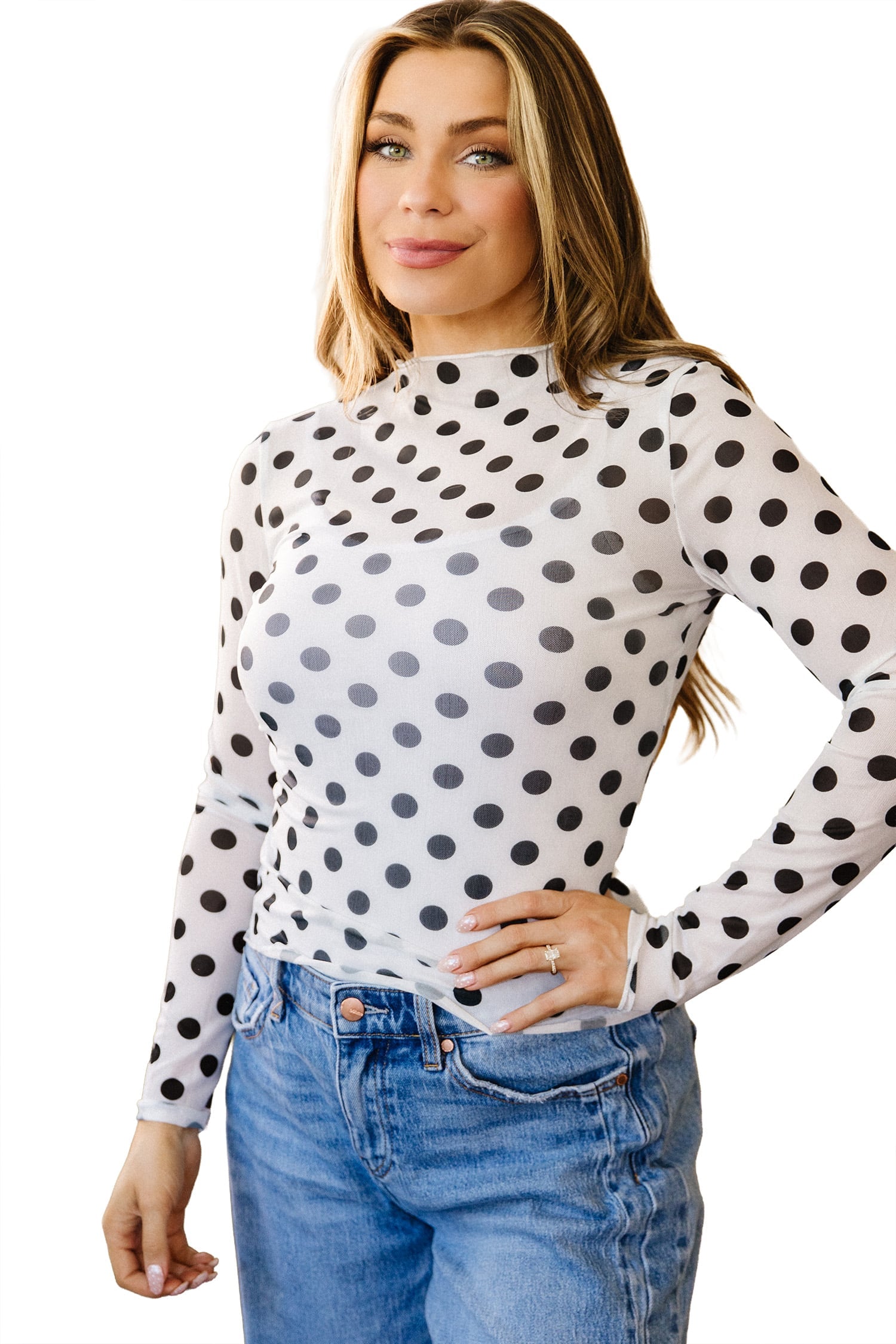 White Polka Dot Mesh Long Sleeve Stand Neck Sheath Top