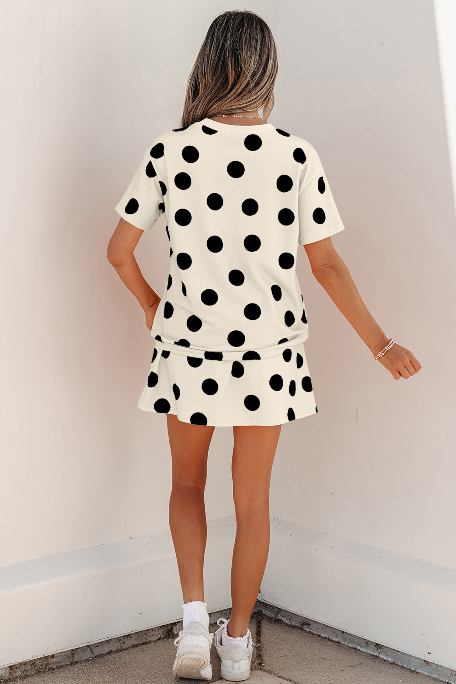 White Polka Dot Short Sleeve Top Casual Skort 2pcs Outfit