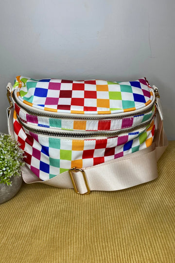 White Pretty Checkerboard Canvas Double Zip Crossbody Bag