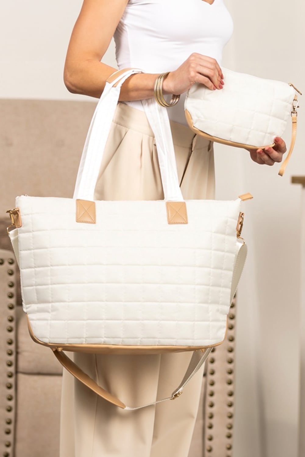 White Quilted Patchwork Large Tote Bag and Clutch 2pcs Set