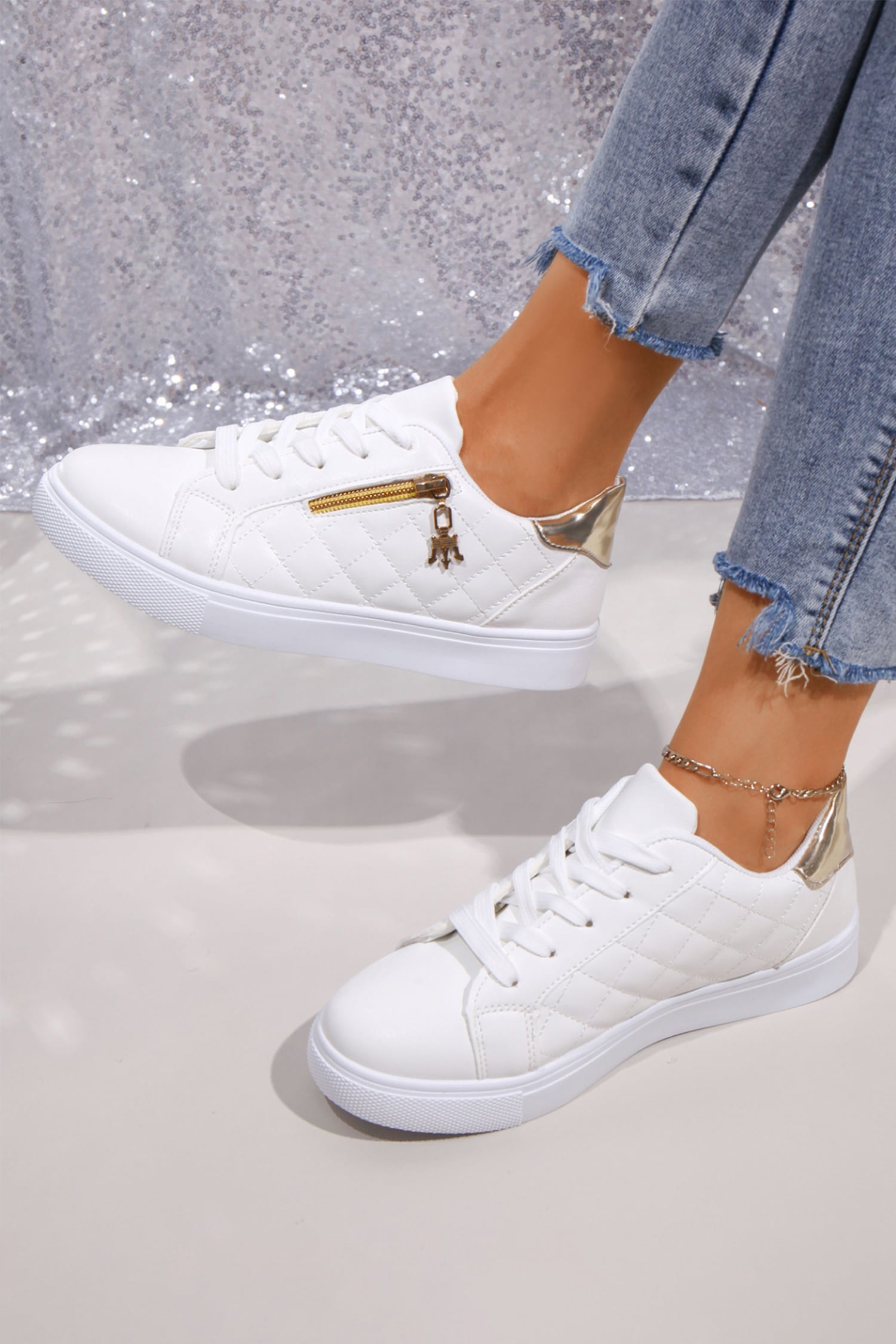 White Quilted PU Leather Zip Metallic Detail Lace-up Shoes