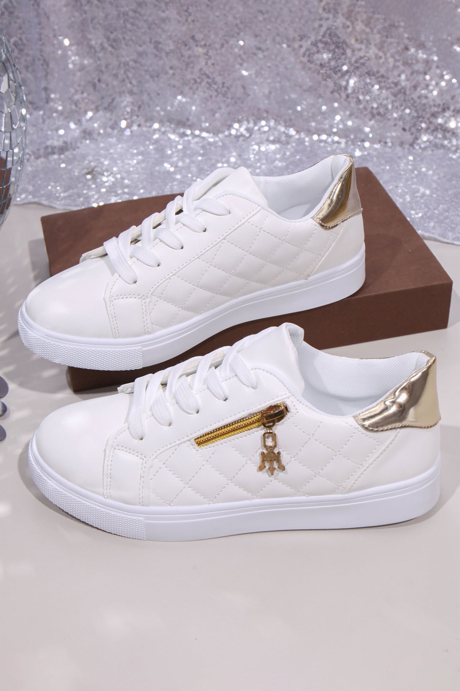 White Quilted PU Leather Zip Metallic Detail Lace-up Shoes
