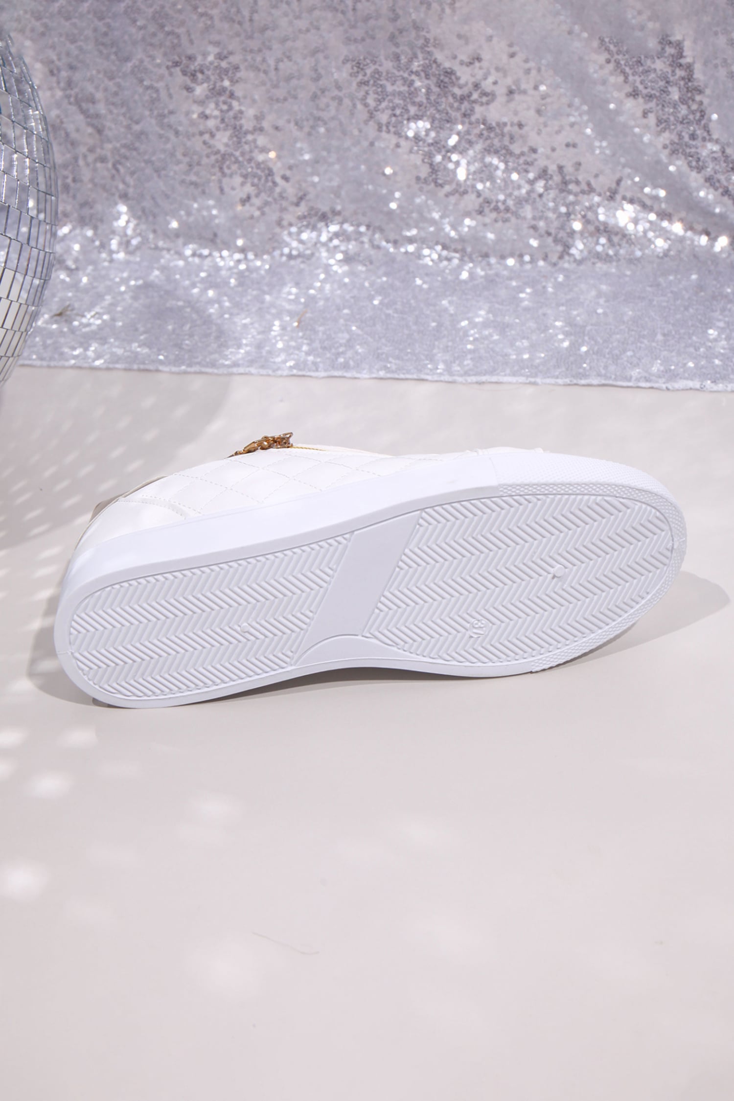 White Quilted PU Leather Zip Metallic Detail Lace-up Shoes