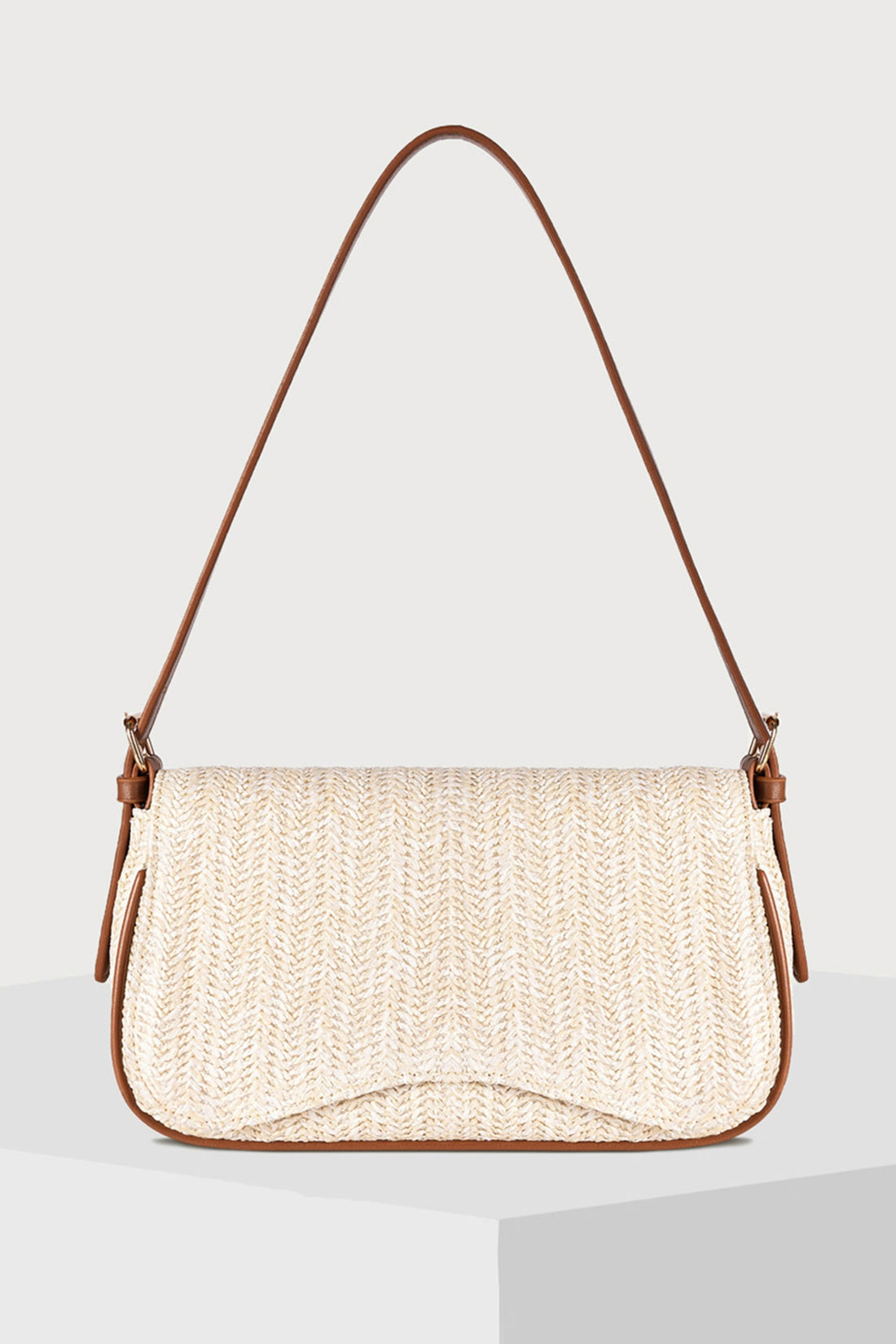White Raffia Woven PU Leather Trim Shoulder Bag