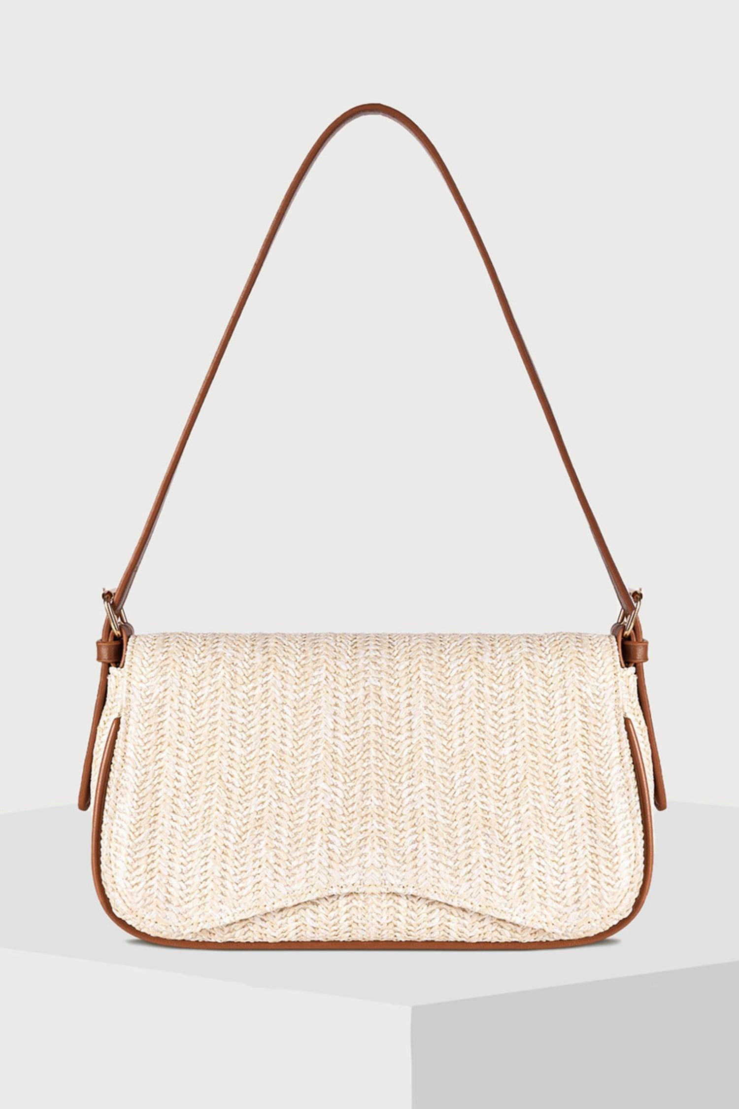 White Raffia Woven PU Leather Trim Shoulder Bag