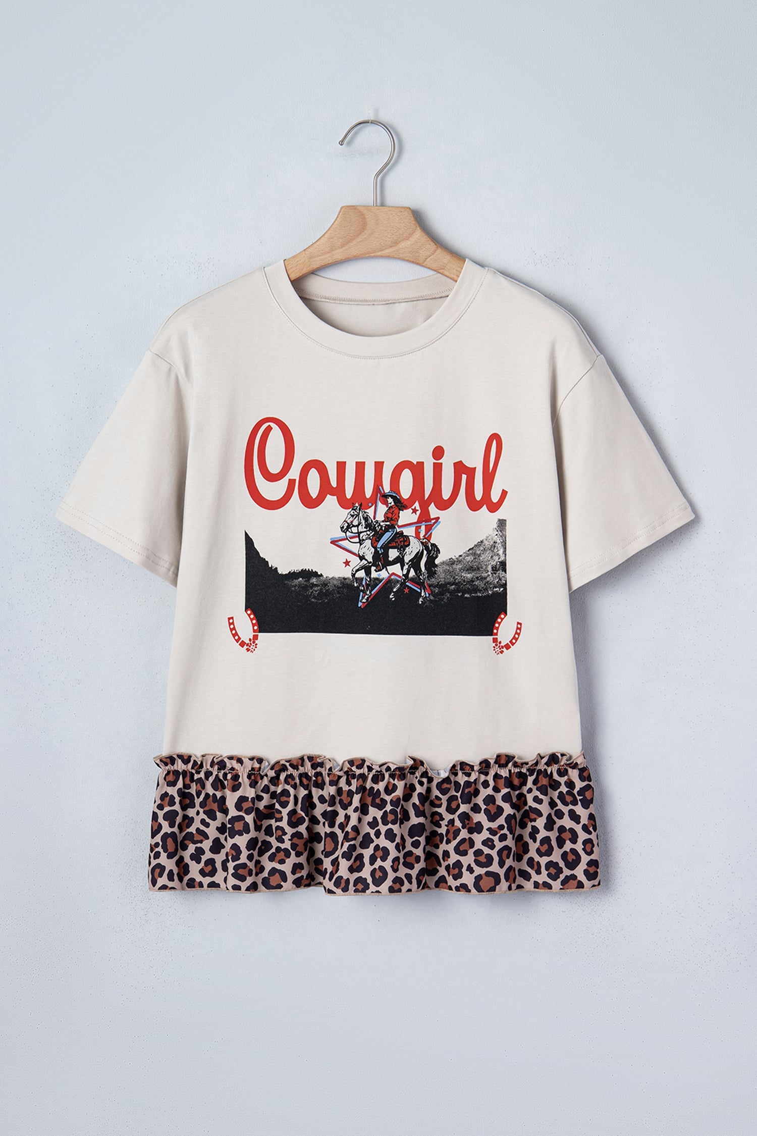 White Retro COWGIRL Print Leopard Ruffle Hem Patchwork T Shirt
