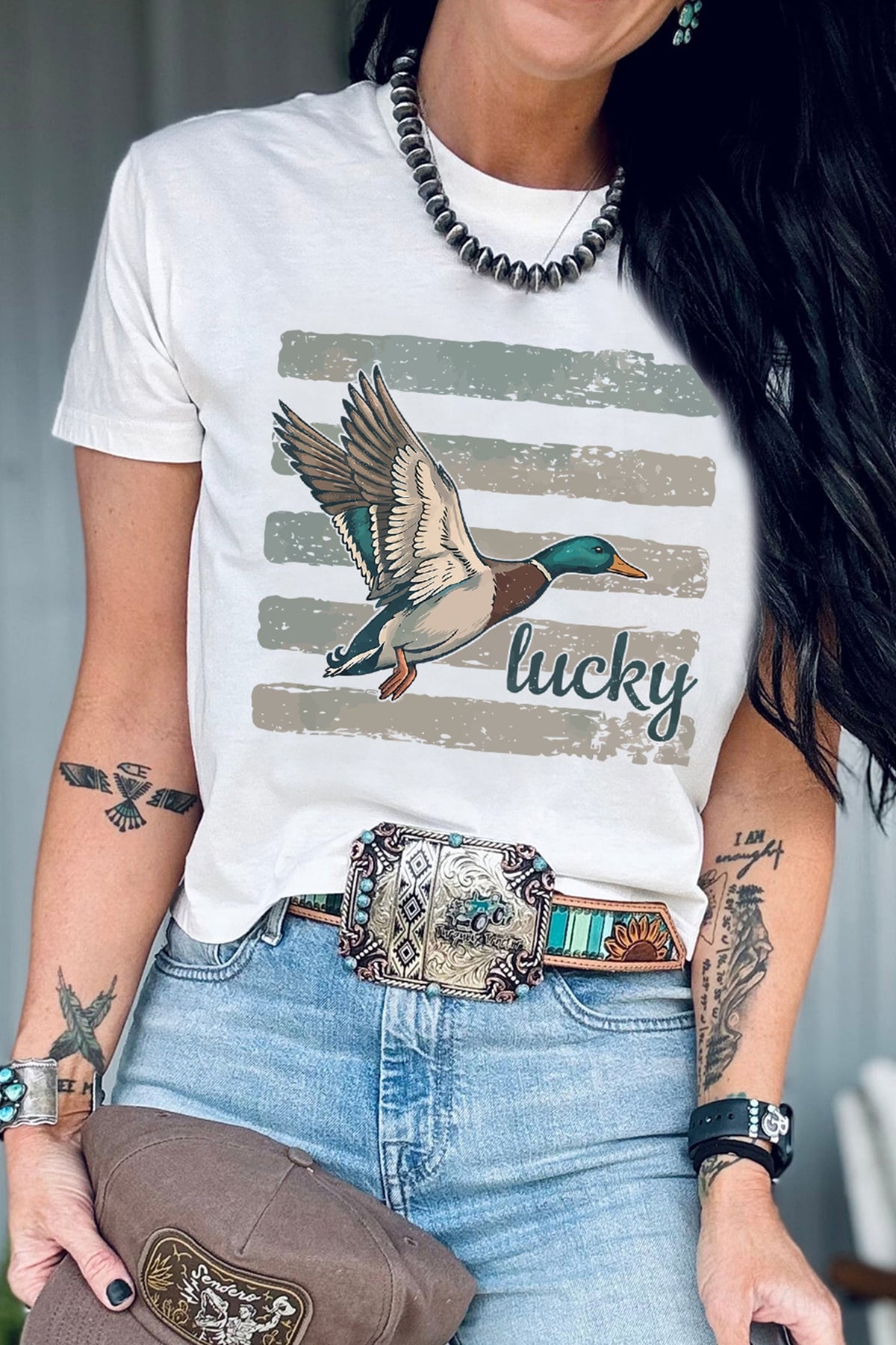 White Retro Mallard Striped Print Casual Short Sleeve T Shirt