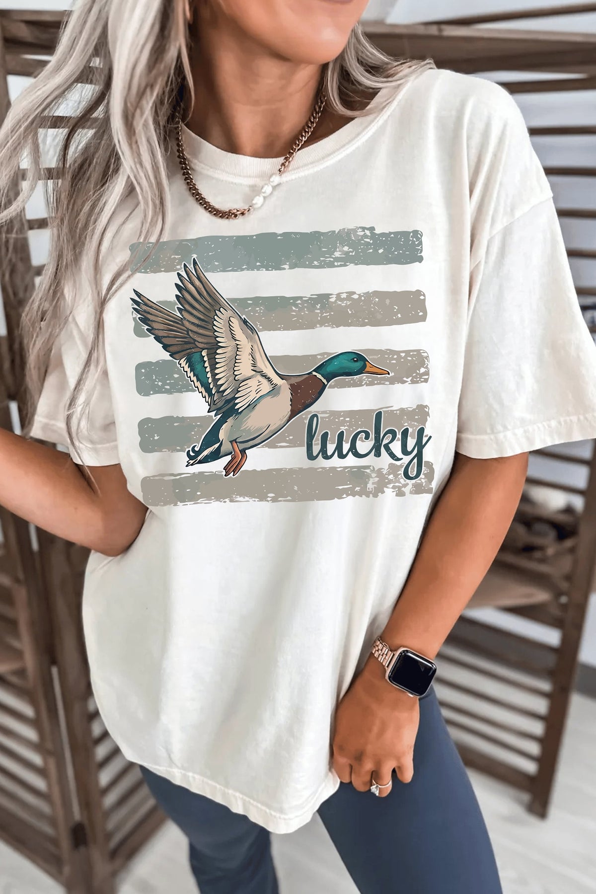 White Retro Mallard Striped Print Casual Short Sleeve T Shirt