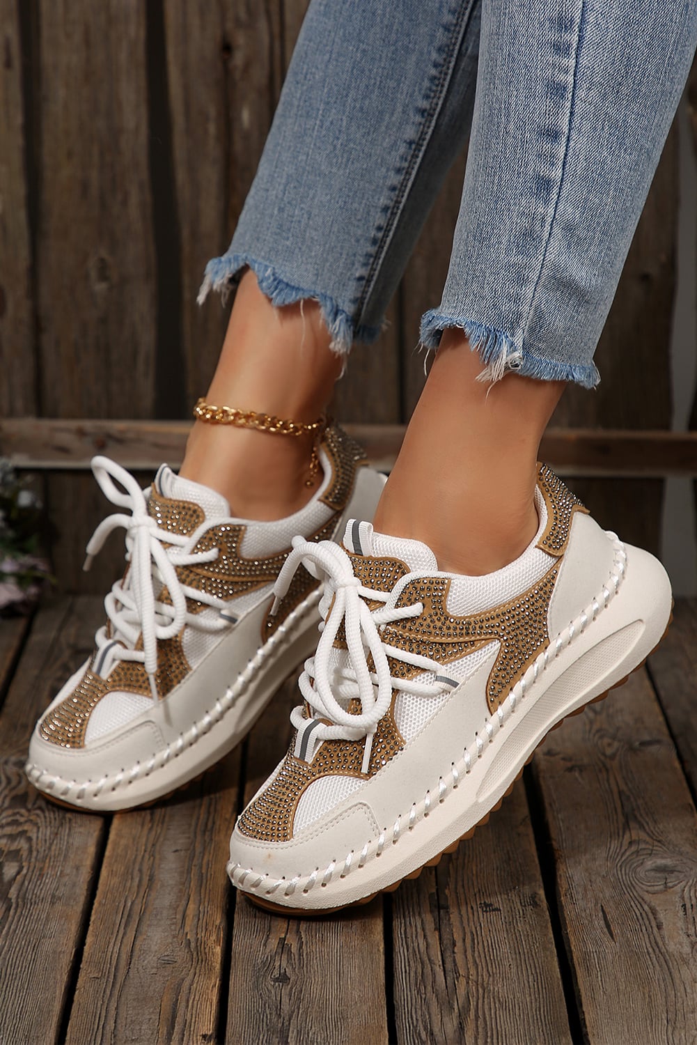 White Rhinestone Embellished Color Block Patchwork Lace-up Breathable Sneakers