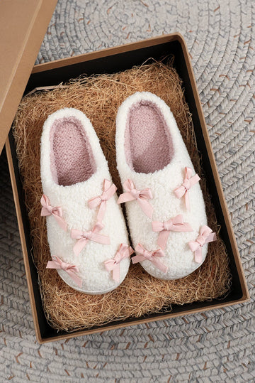 White Ribbed Bow Decor Plush House Slipper