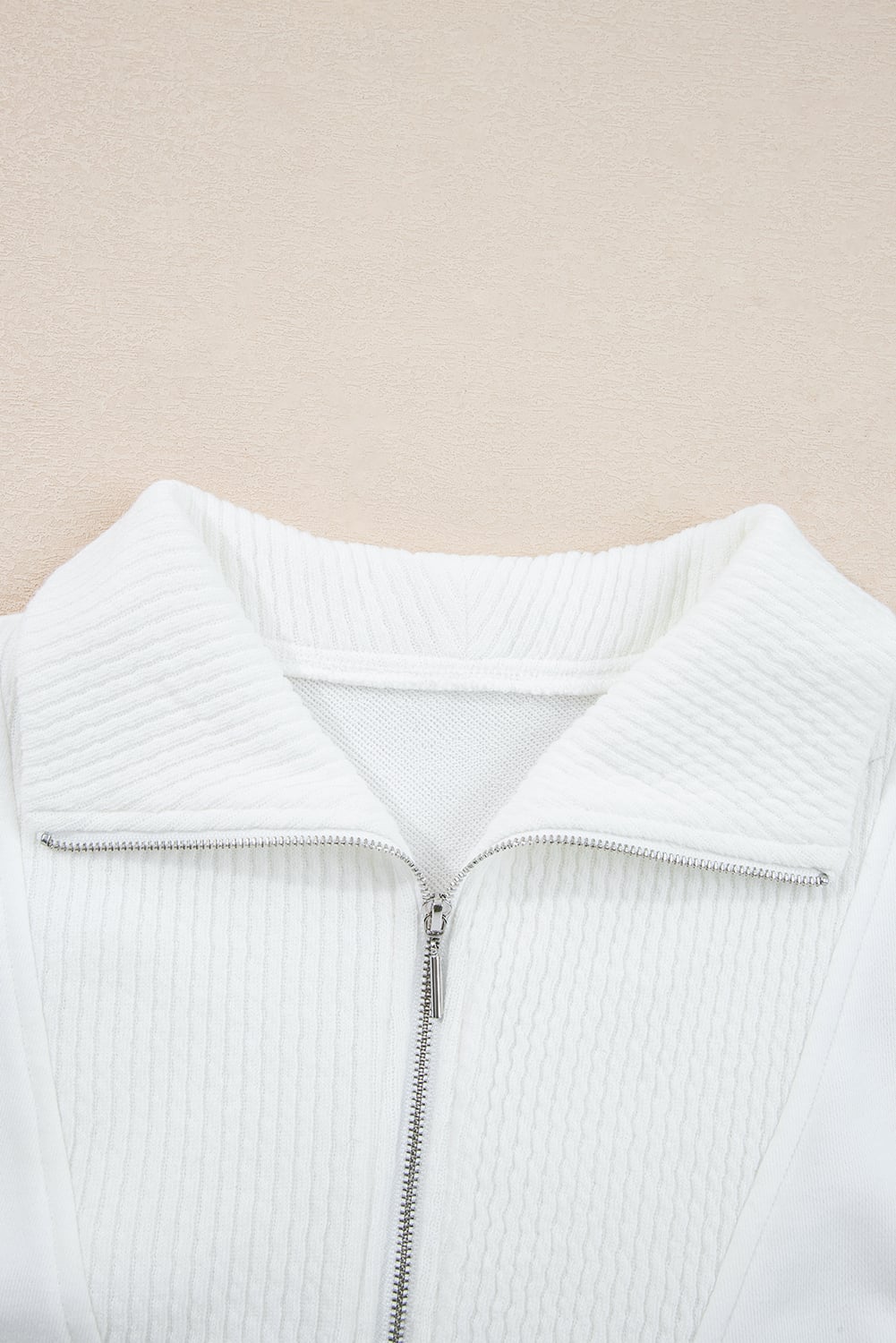 White Ribbed Collar Drop Shoulder Sweatshirt and Shorts Set