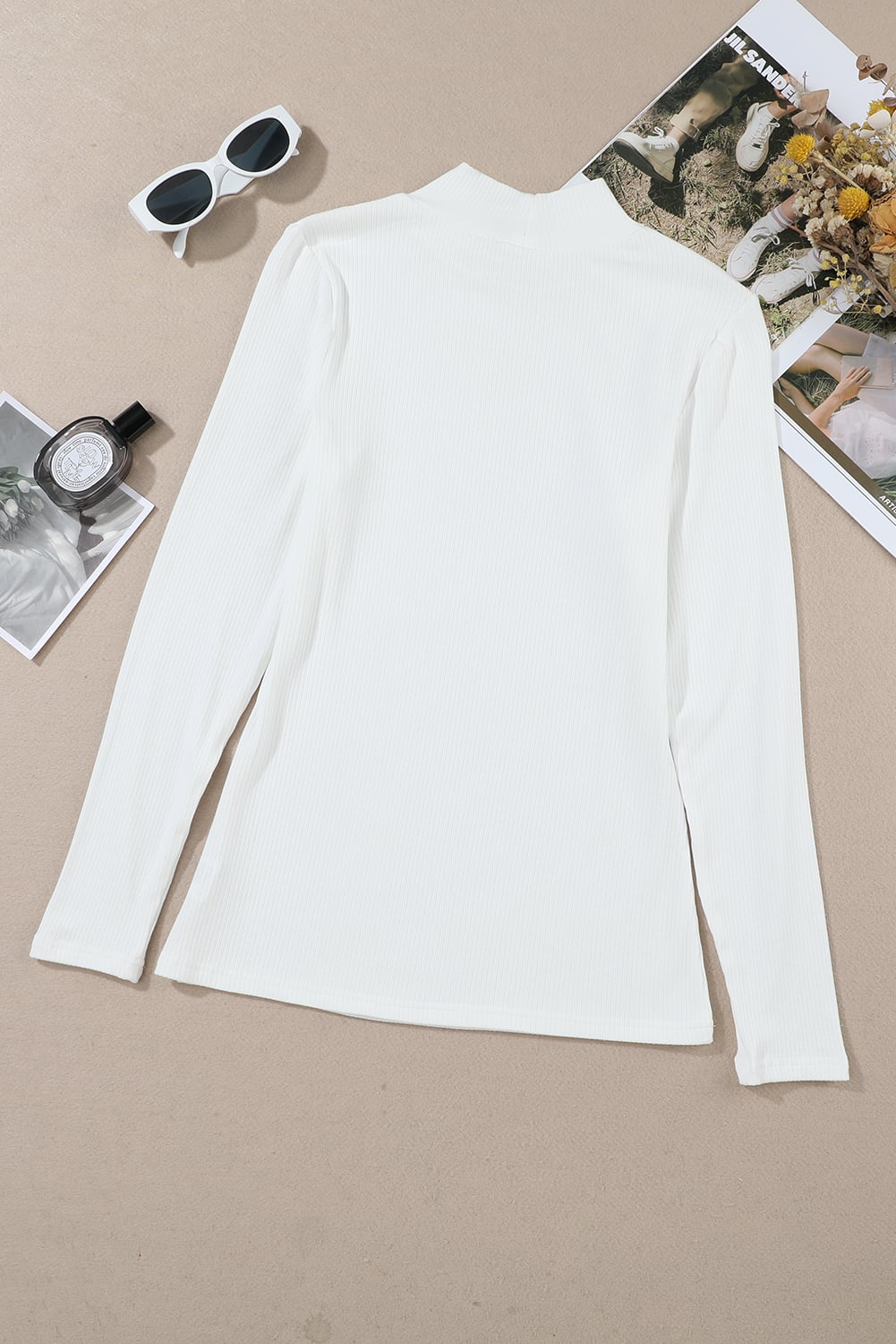 White Ribbed Knit High Neck Long Sleeve Top