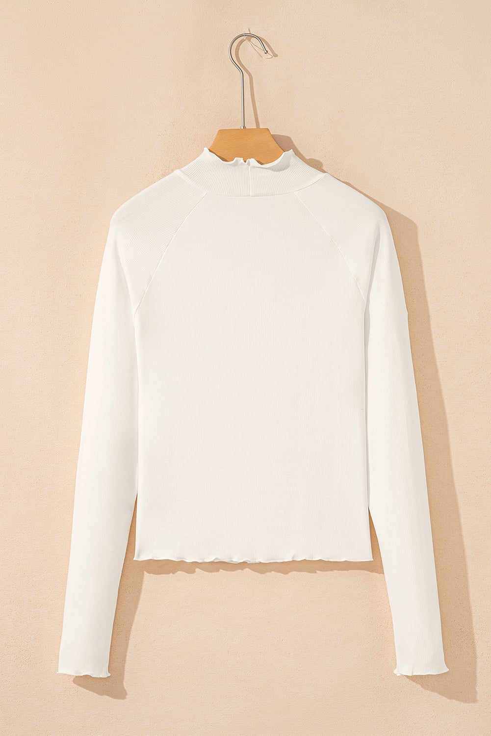 White Ribbed Knit Lettuce Trim High Neck Long Sleeve Top