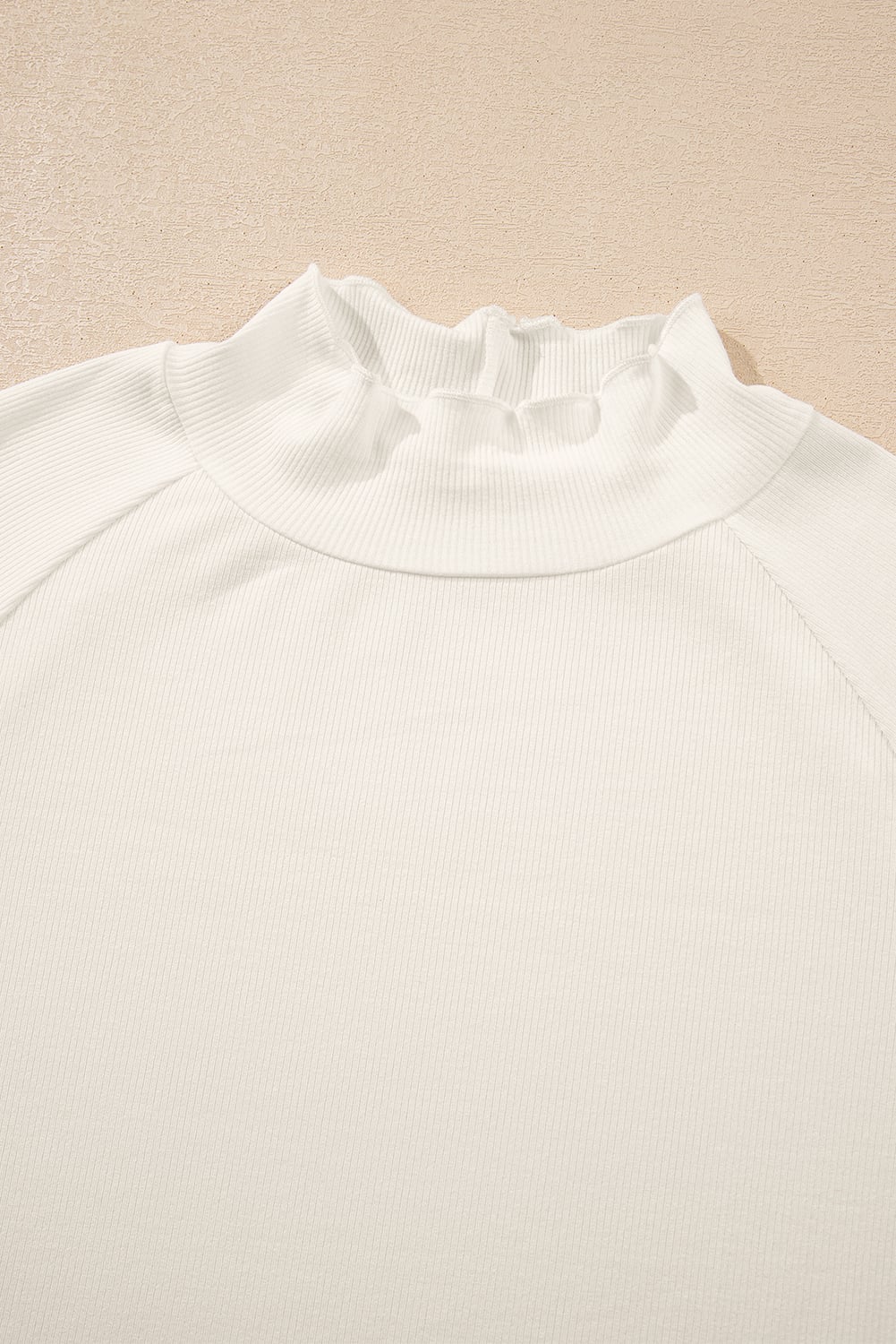 White Ribbed Knit Lettuce Trim High Neck Long Sleeve Top