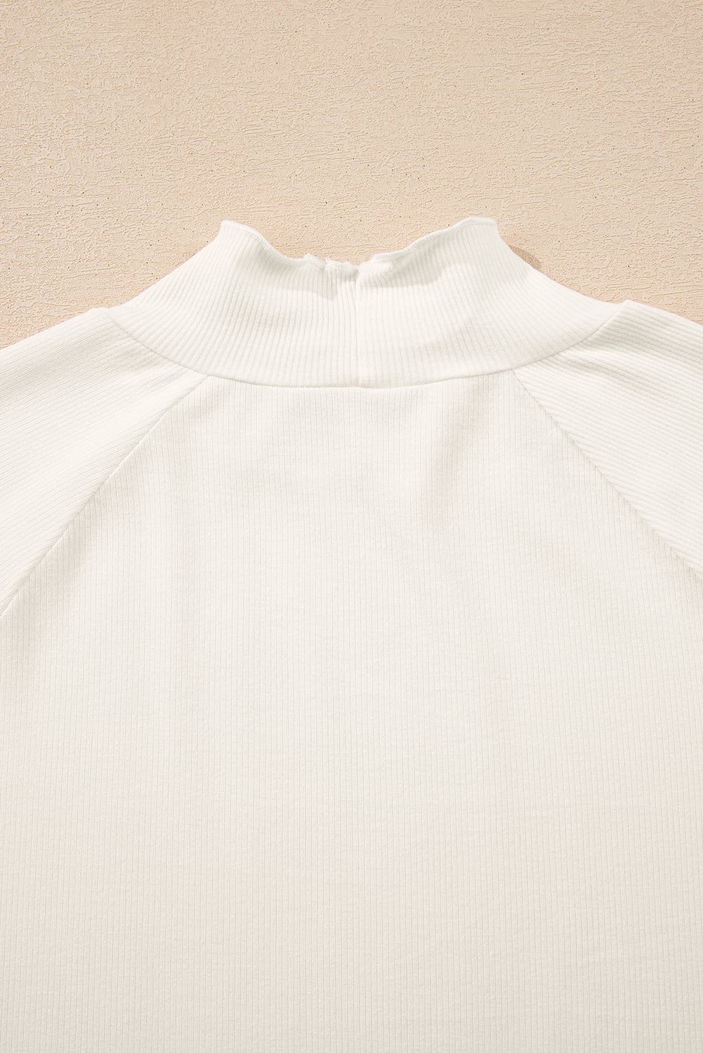 White Ribbed Knit Lettuce Trim High Neck Long Sleeve Top