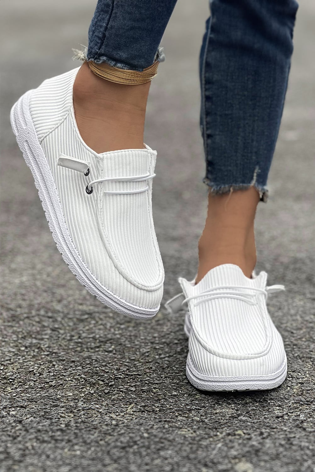 White Ribbed Lace-up Decor Slip On Shoes