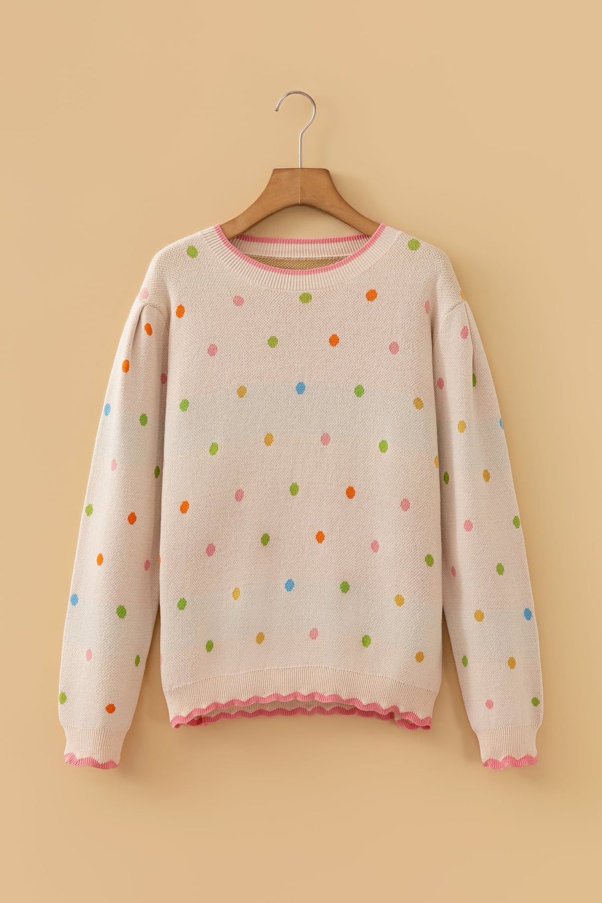 White 100% Cotton Round Neck Polka Dot Long Sleeve Casual Shift Sweater