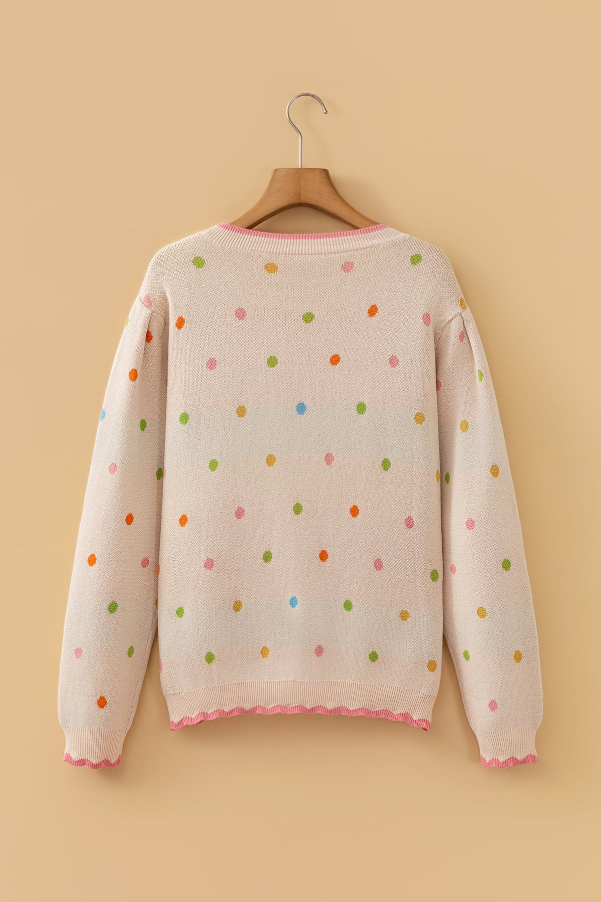 White 100% Cotton Round Neck Polka Dot Long Sleeve Casual Shift Sweater