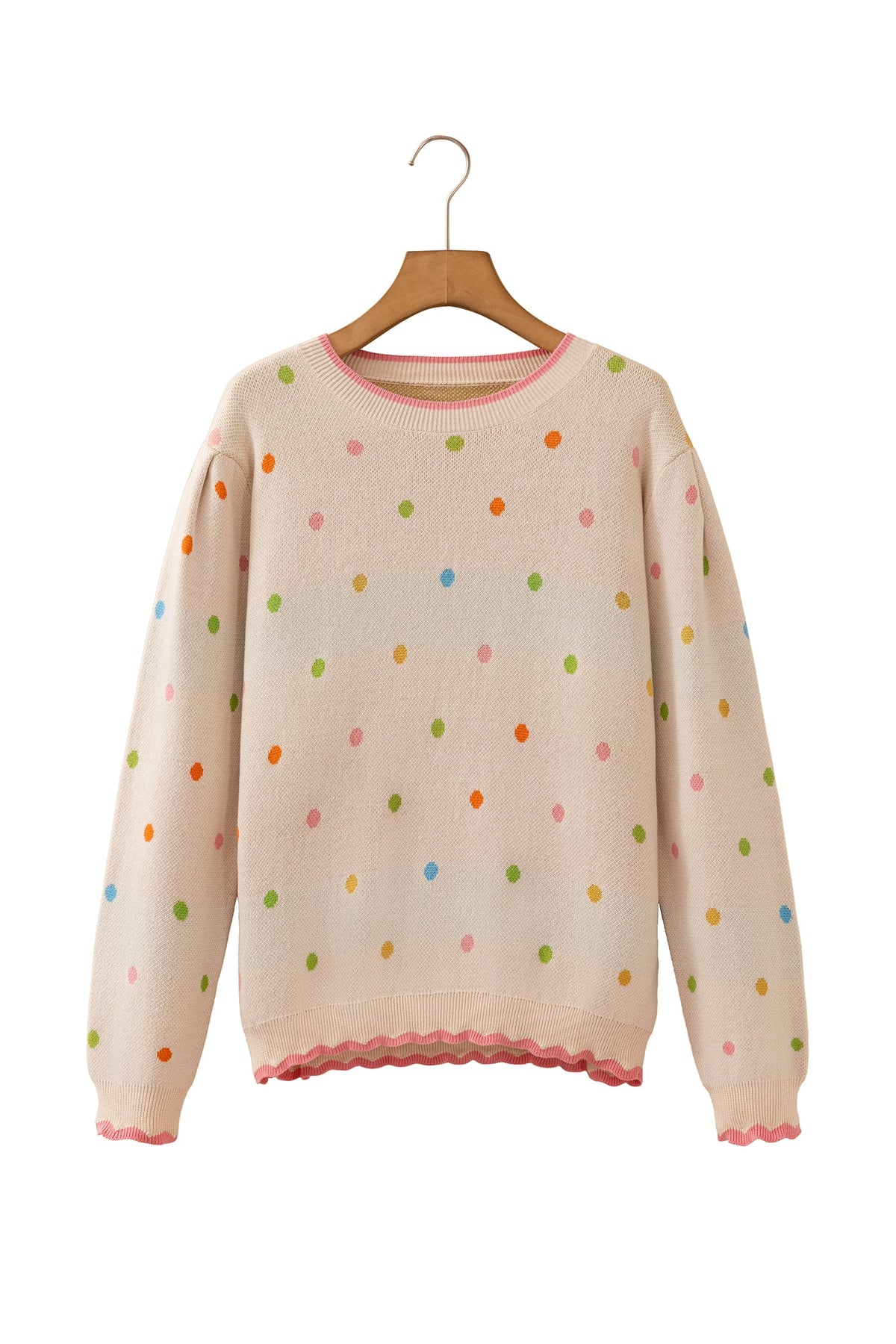 White 100% Cotton Round Neck Polka Dot Long Sleeve Casual Shift Sweater