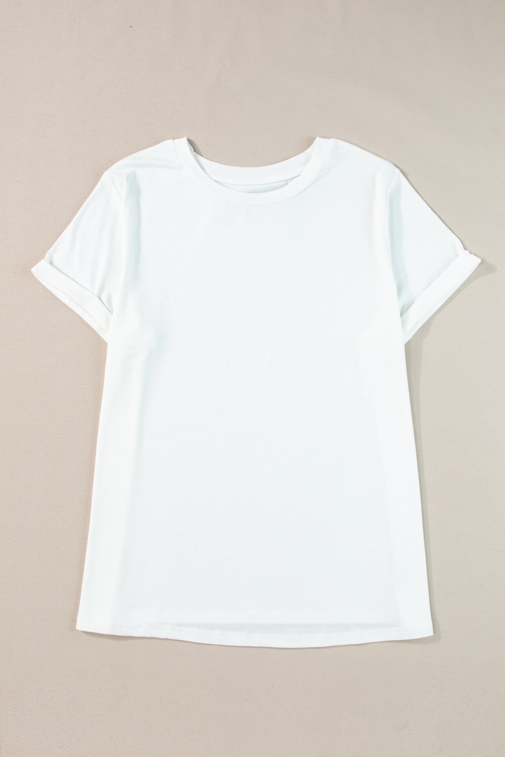 White Round Neck Rolled Sleeve Plus Size T-shirt