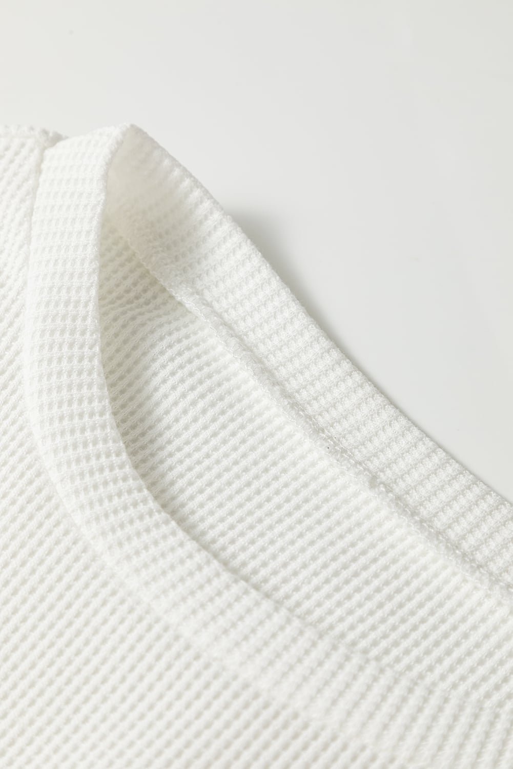 White Rounded Hem Waffle Long Sleeve Top