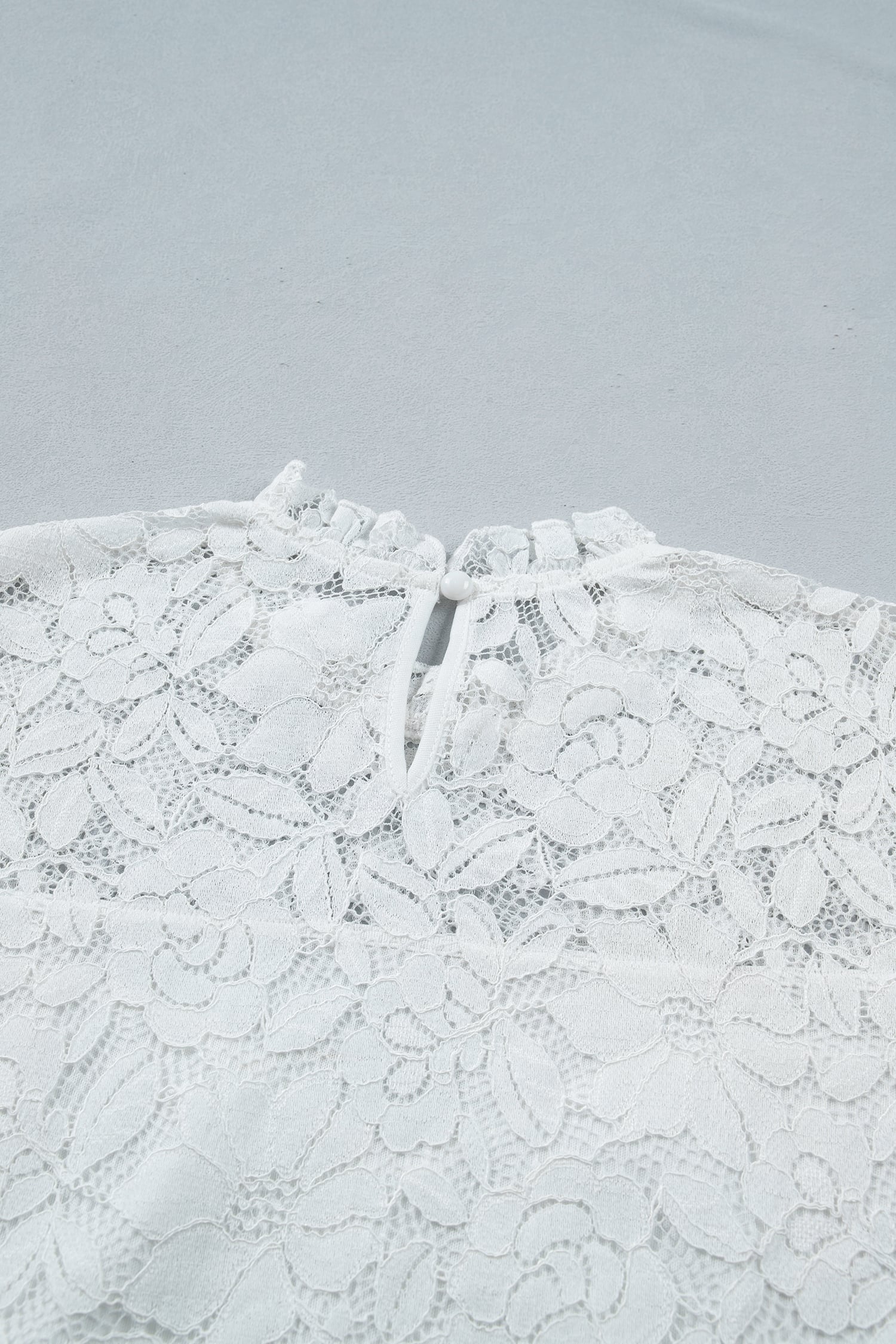 White Ruffled Round Neck Long Flounce Sleeve Sheer Lace Blouse