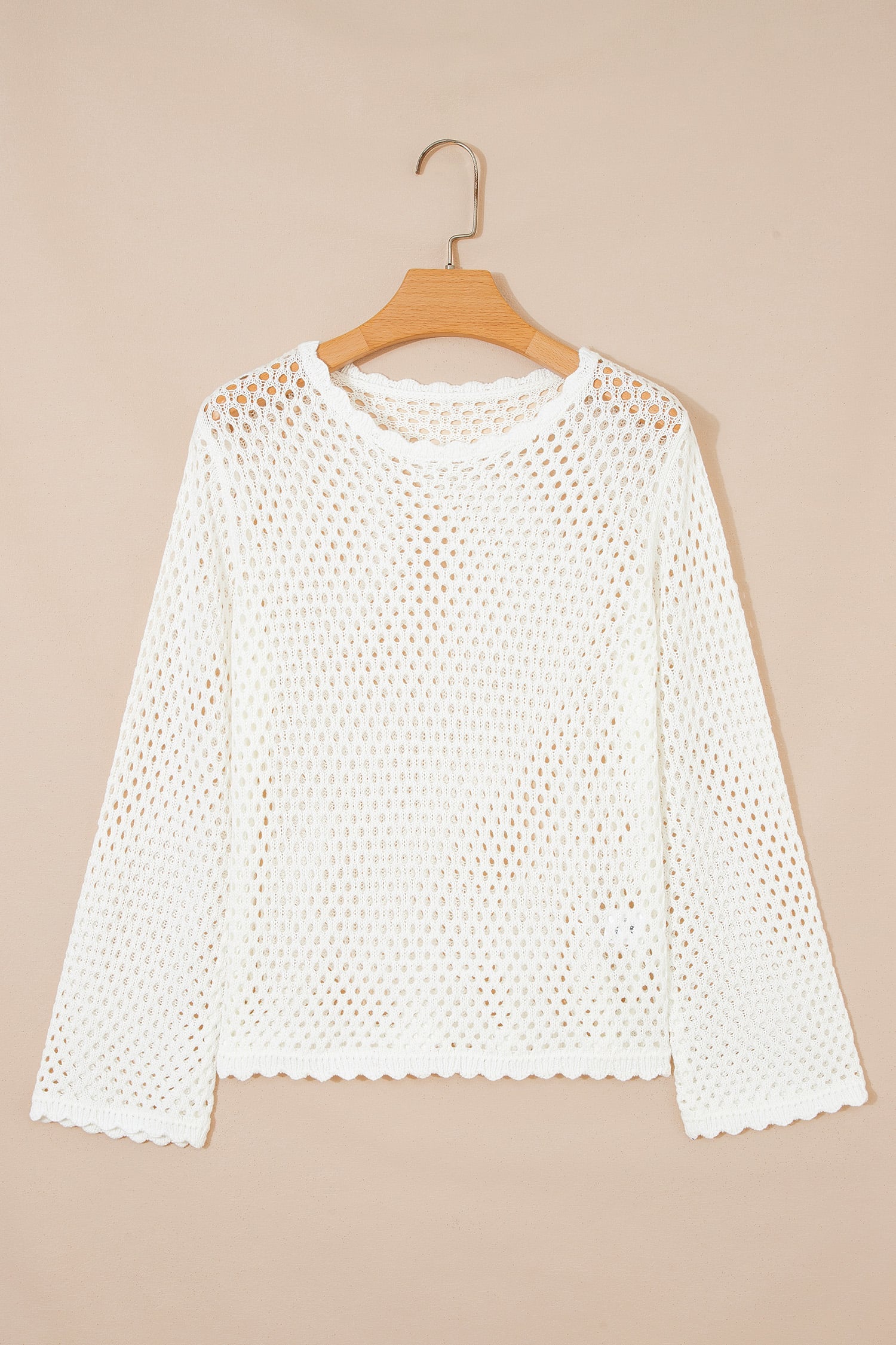 White Scalloped Trim Hollow Out Knit Long Sleeve Top