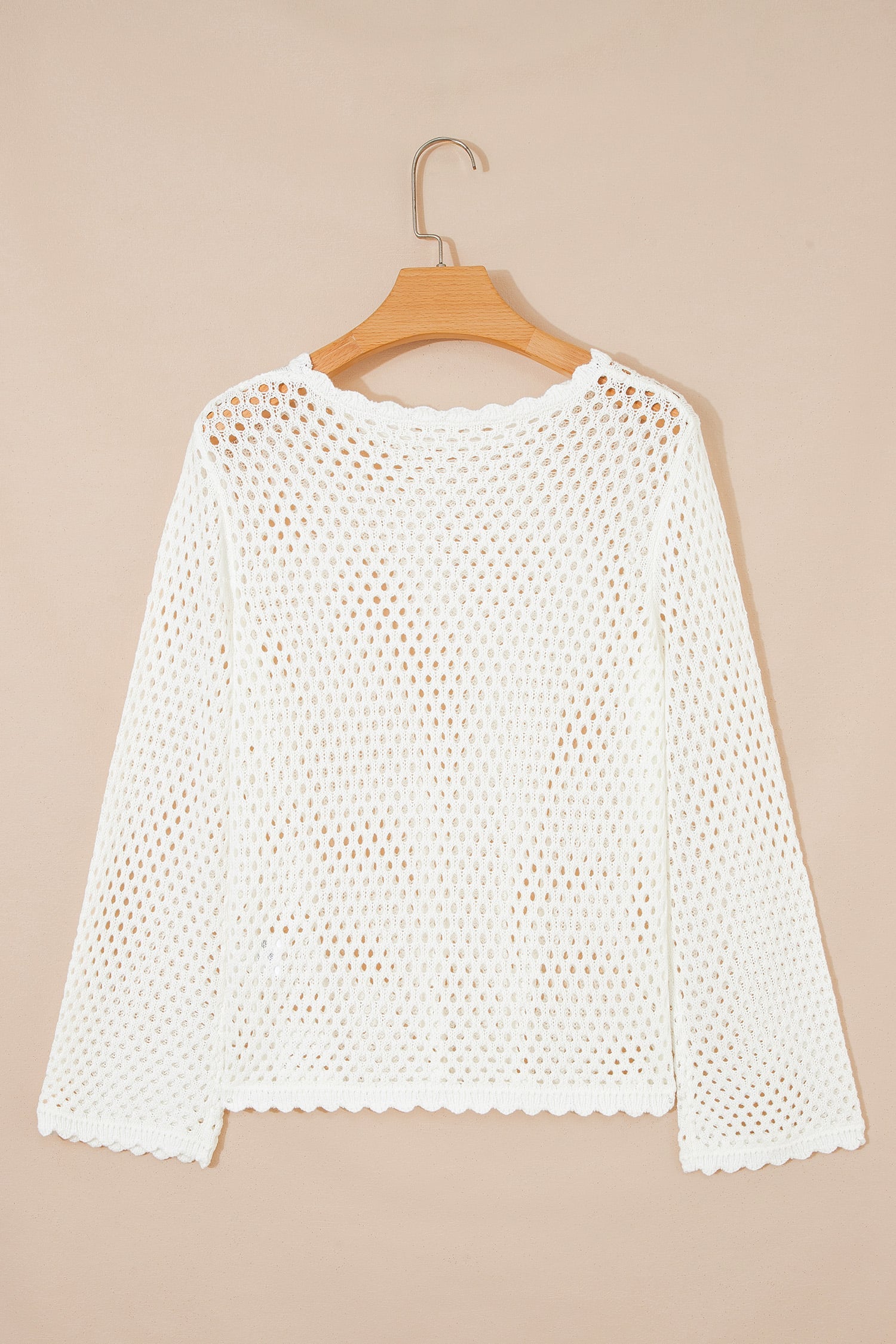 White Scalloped Trim Hollow Out Knit Long Sleeve Top