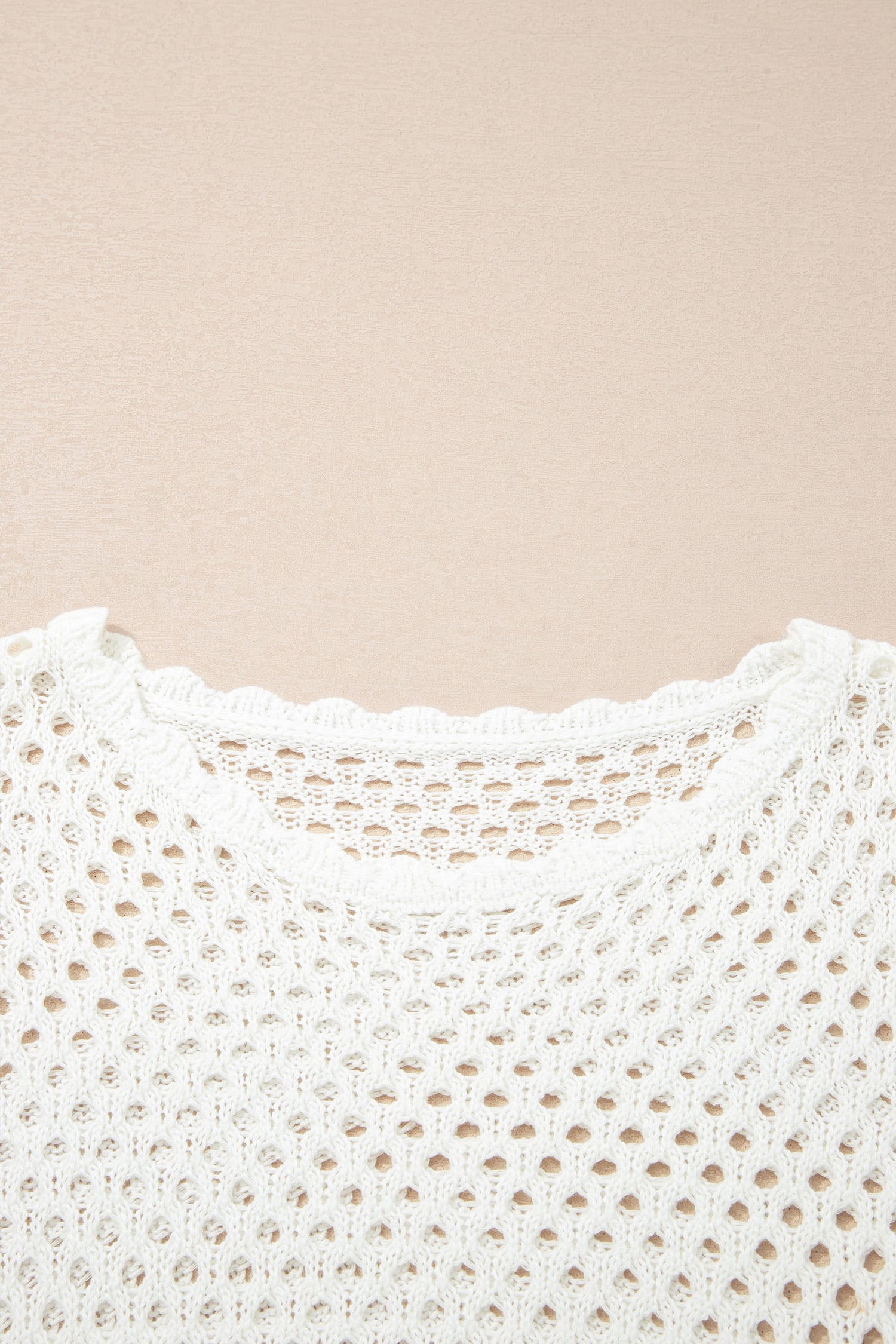 White Scalloped Trim Hollow Out Knit Long Sleeve Top