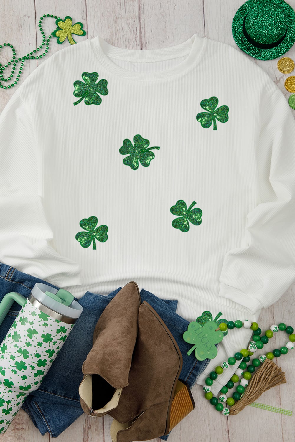 White Sequin Clover Patched Drop Shoulder Corded Sweatshirt