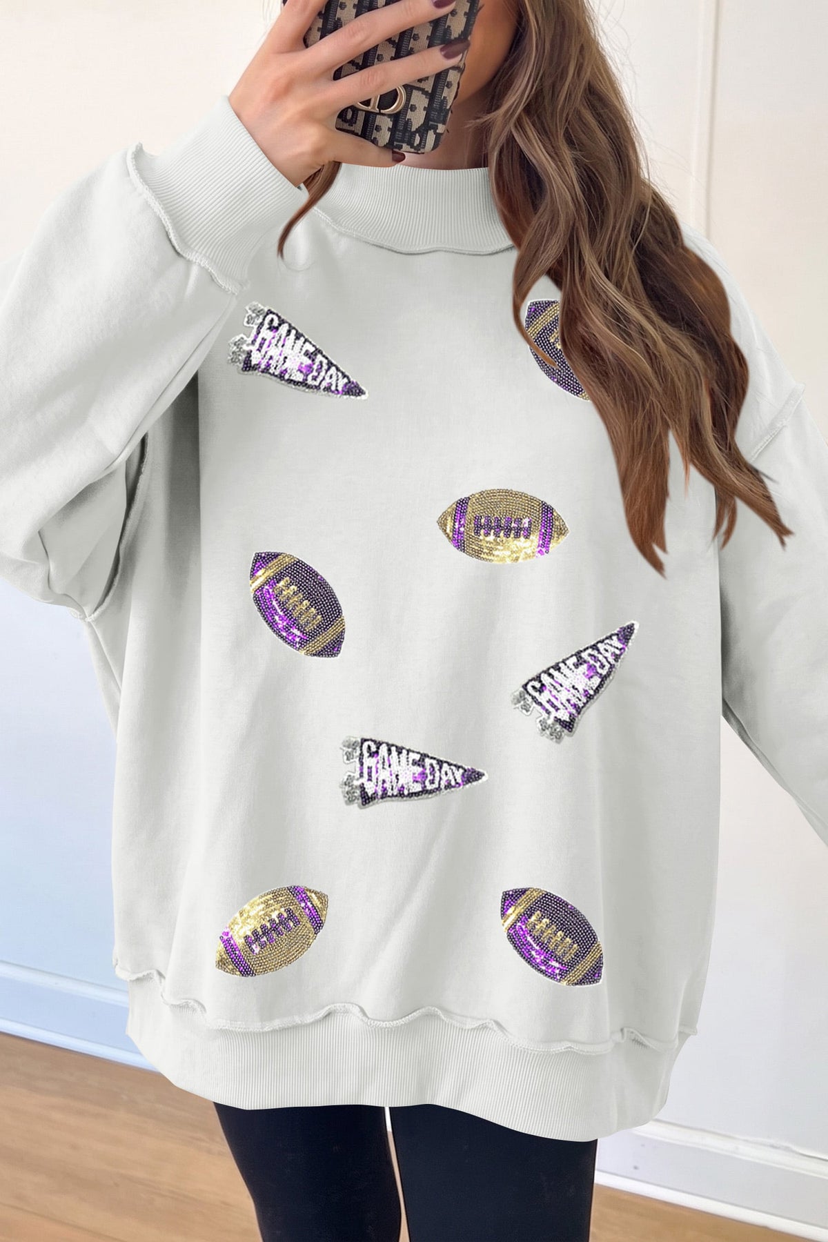 White Sequin Football Game Day Fashion Mock Neck Pullover Sweatshirt