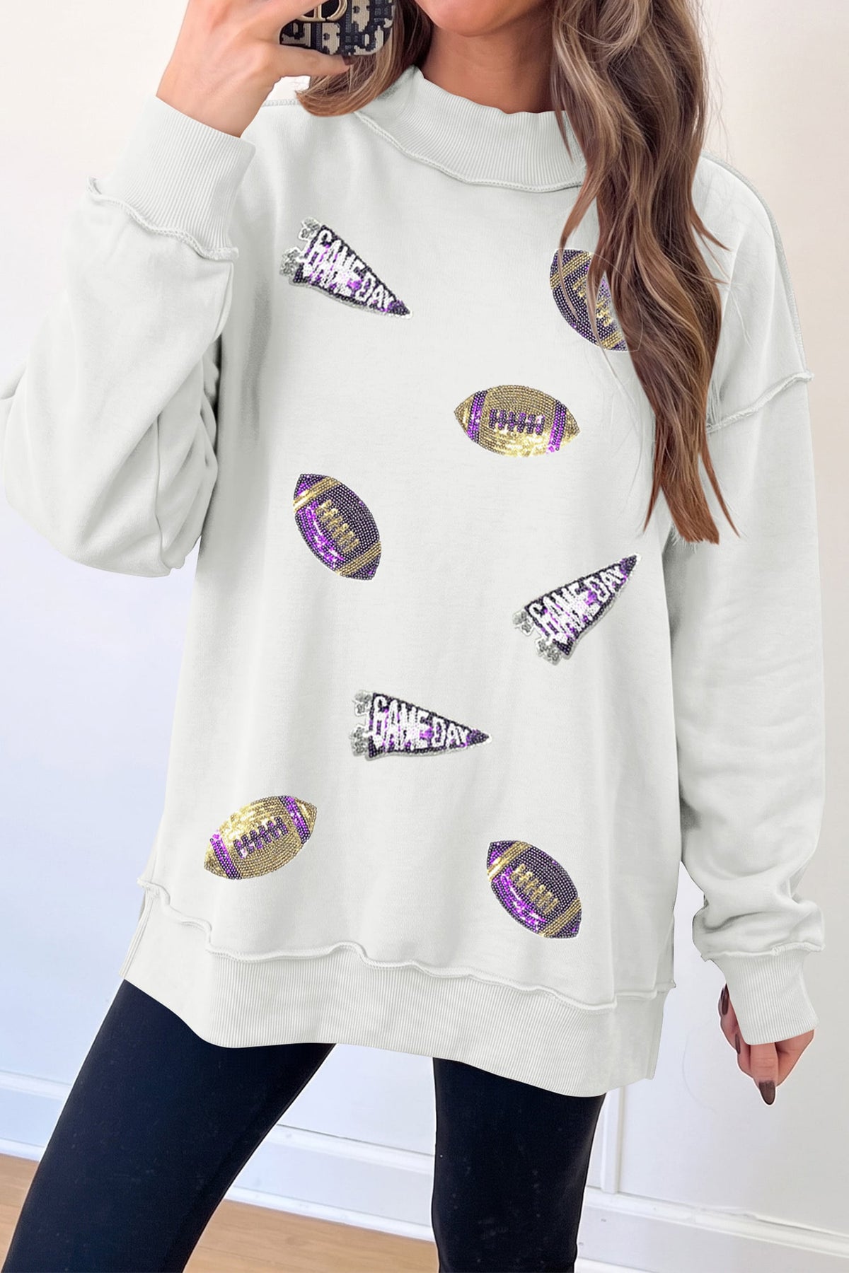 White Sequin Football Game Day Fashion Mock Neck Pullover Sweatshirt