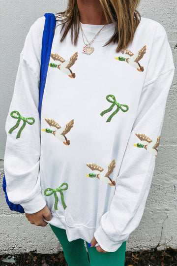 White Sequin Mallard Bow Crewneck Pullover Sweatshirt