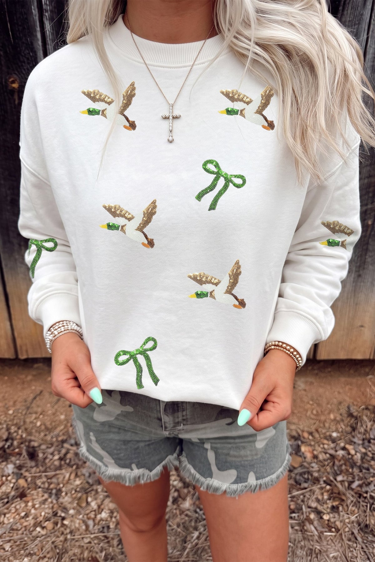 White Sequin Mallard Bow Crewneck Pullover Sweatshirt