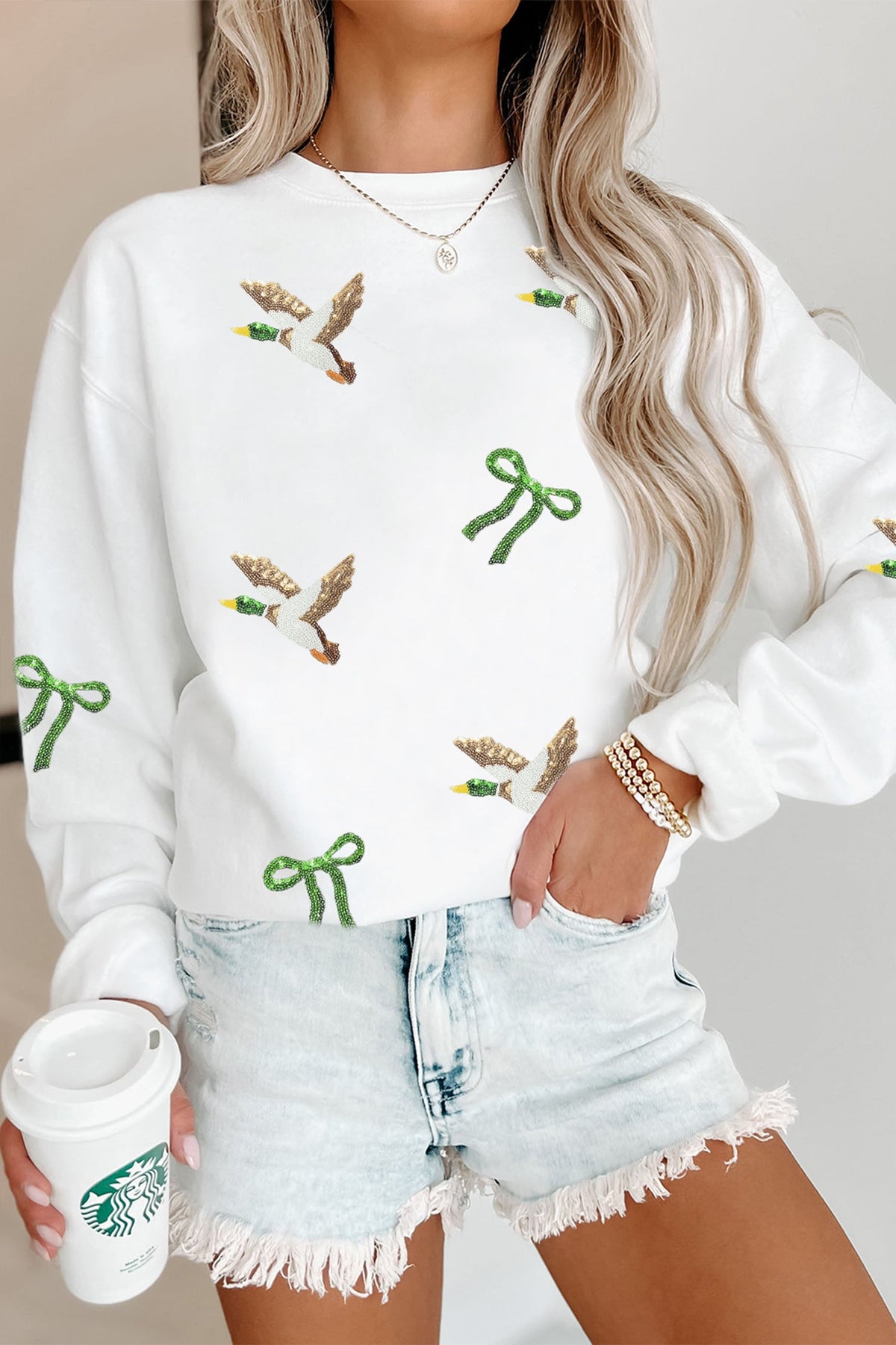White Sequin Mallard Bow Crewneck Pullover Sweatshirt