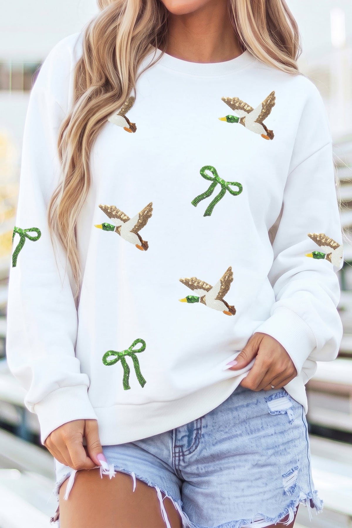 White Sequin Mallard Bow Crewneck Pullover Sweatshirt
