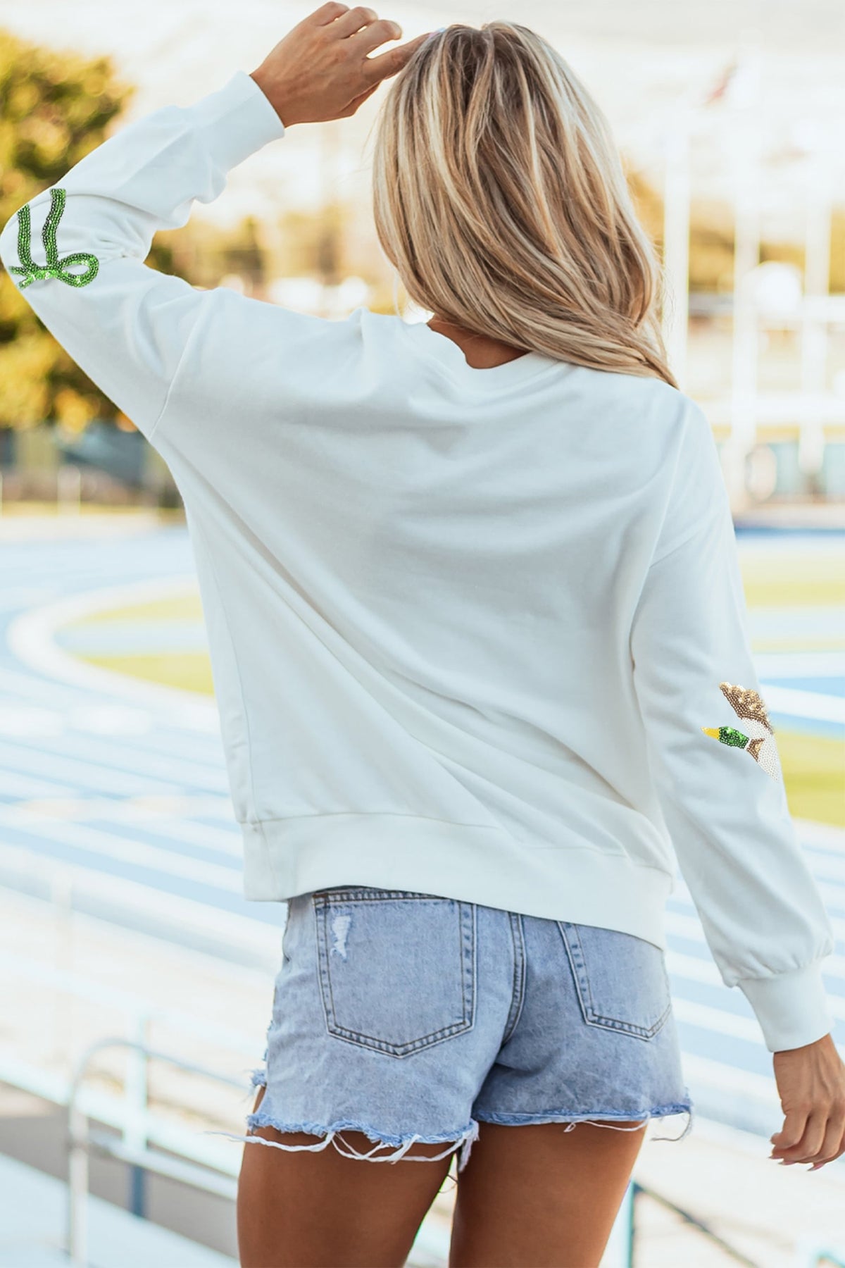 White Sequin Mallard Bow Crewneck Pullover Sweatshirt