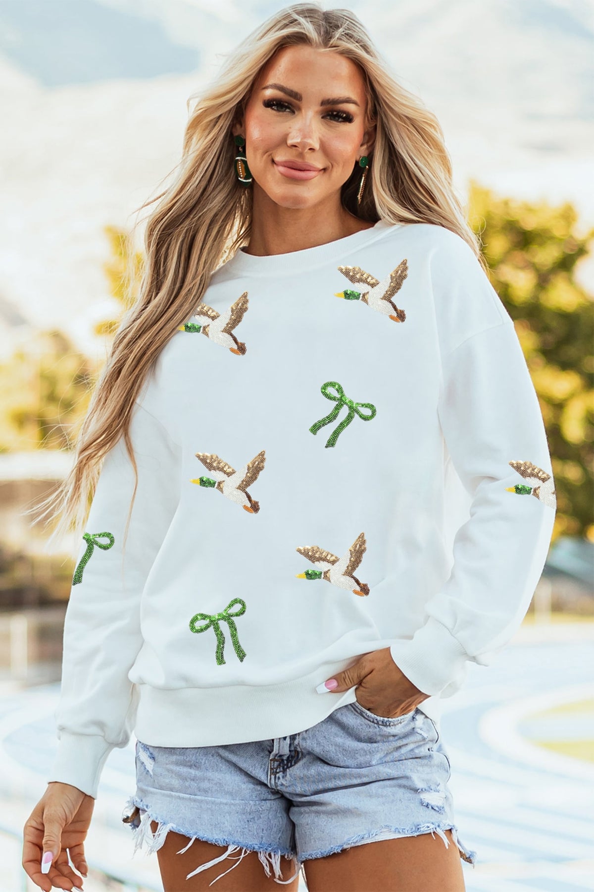 White Sequin Mallard Bow Crewneck Pullover Sweatshirt