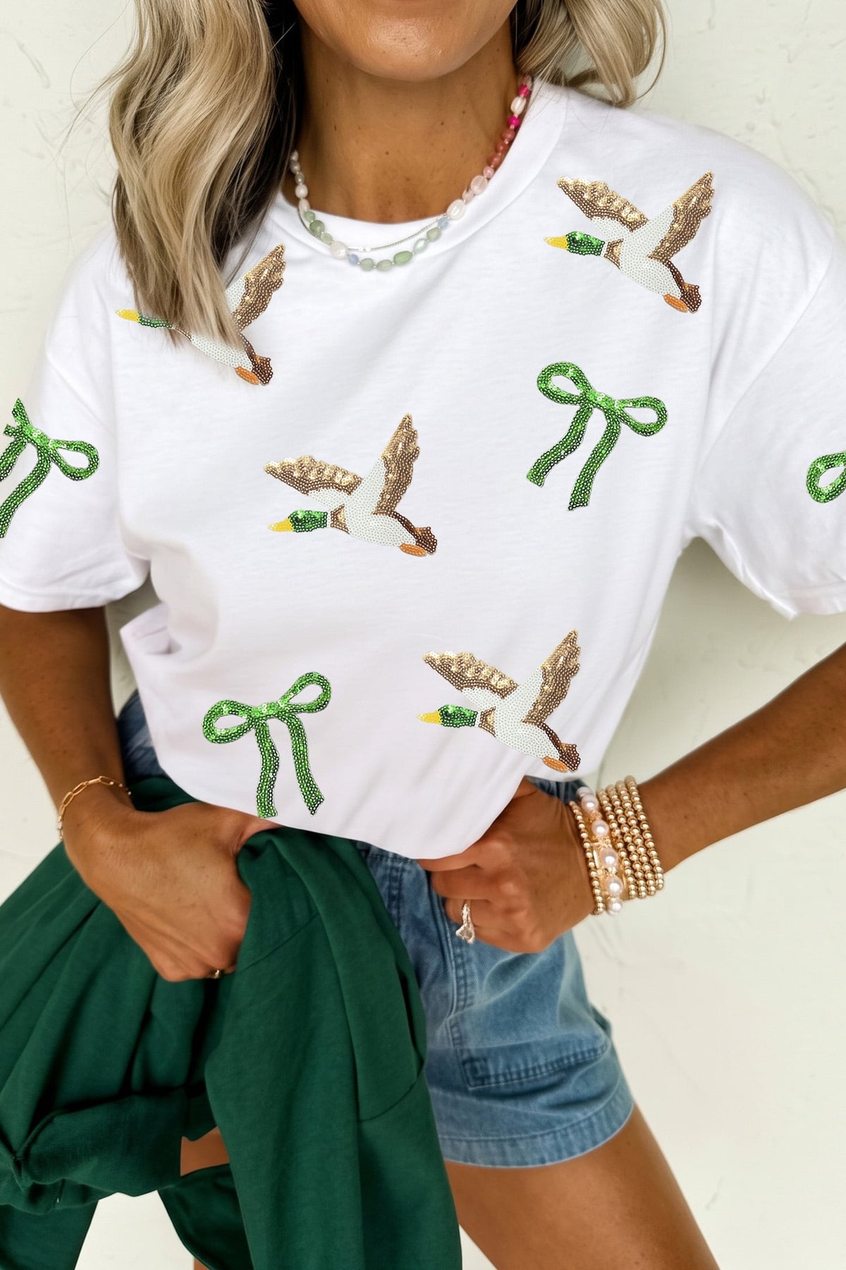 White Sequin Mallard Bow Round Neck Graphic T Shirt
