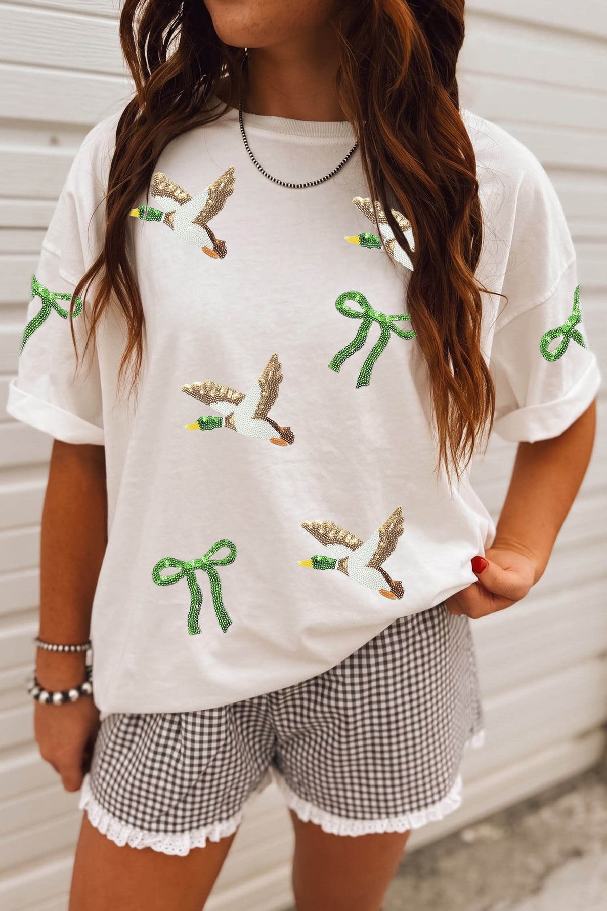 White Sequin Mallard Bow Round Neck Graphic T Shirt