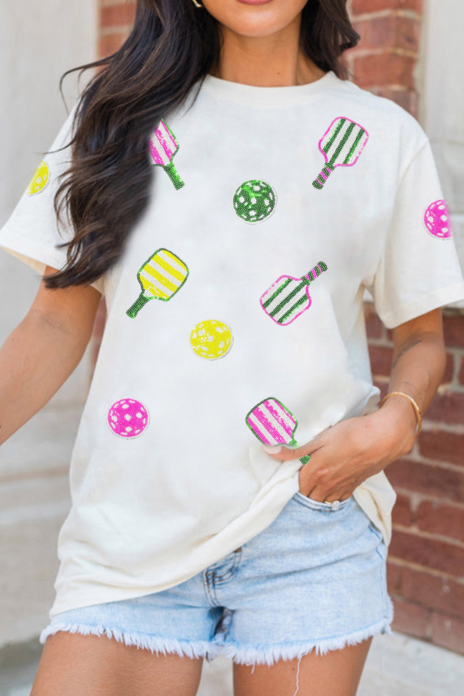 White Sequin Pickleball Graphic Casual T Shirt