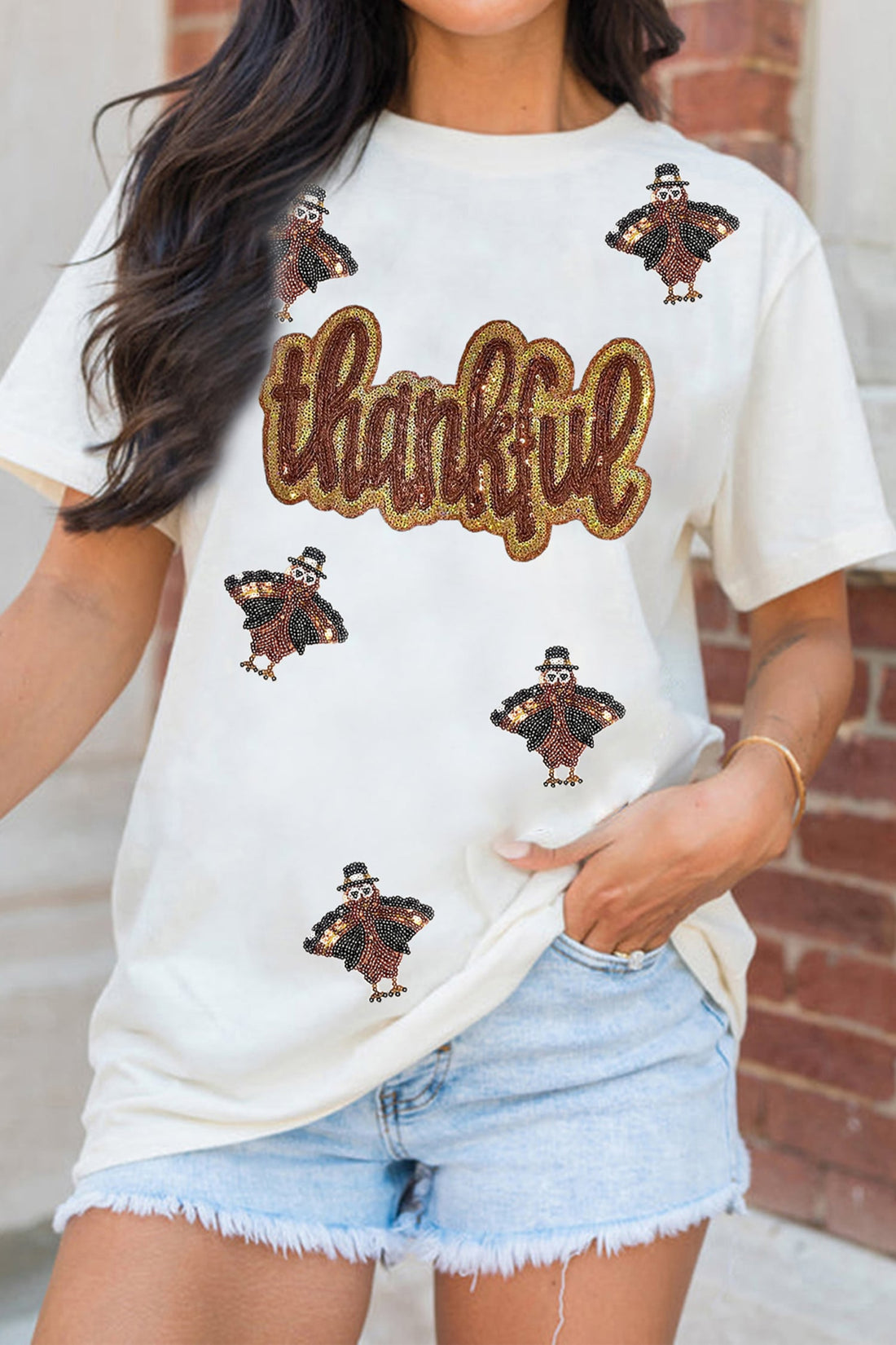 White Sequin Thankful Turkey Graphic Short Sleeve T Shirt