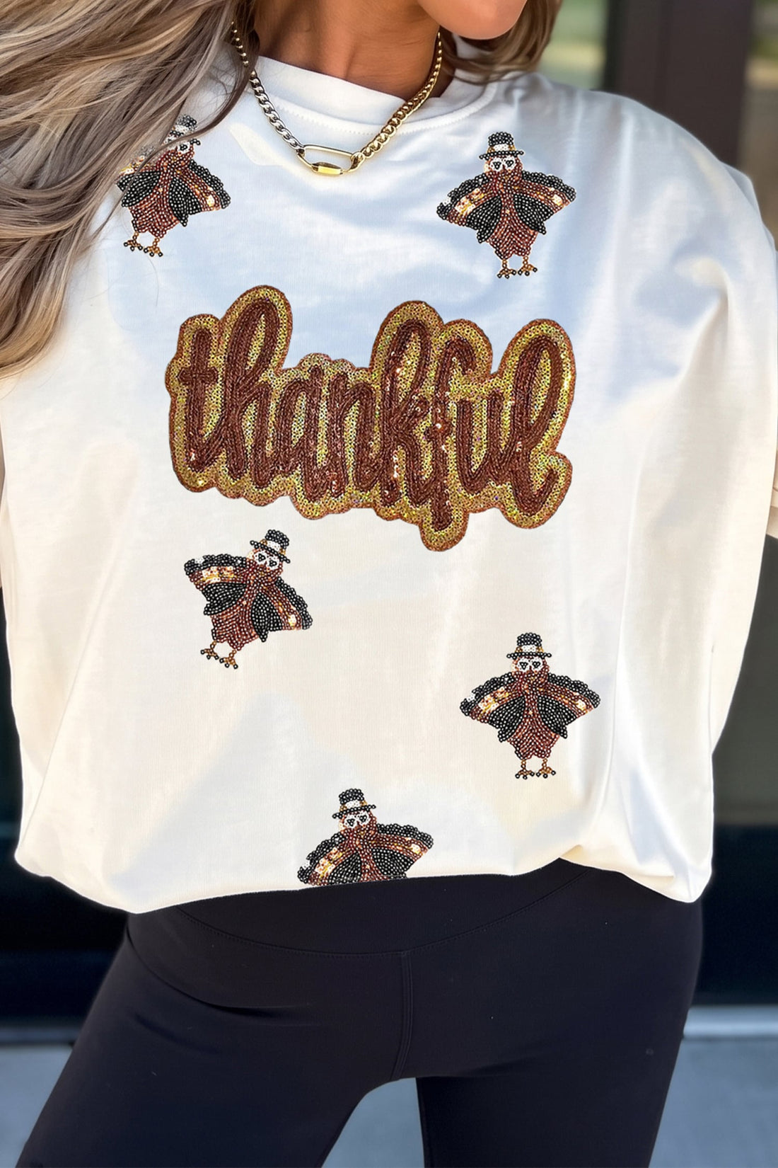 White Sequin Thankful Turkey Graphic Short Sleeve T Shirt