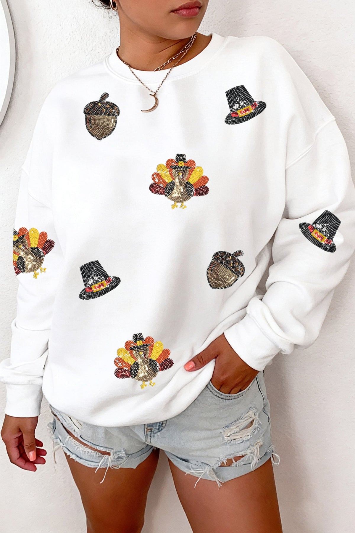 White Sequin Thanksgiving Casual Pullover Sweatshirt