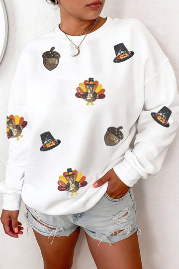 White Sequin Thanksgiving Casual Pullover Sweatshirt
