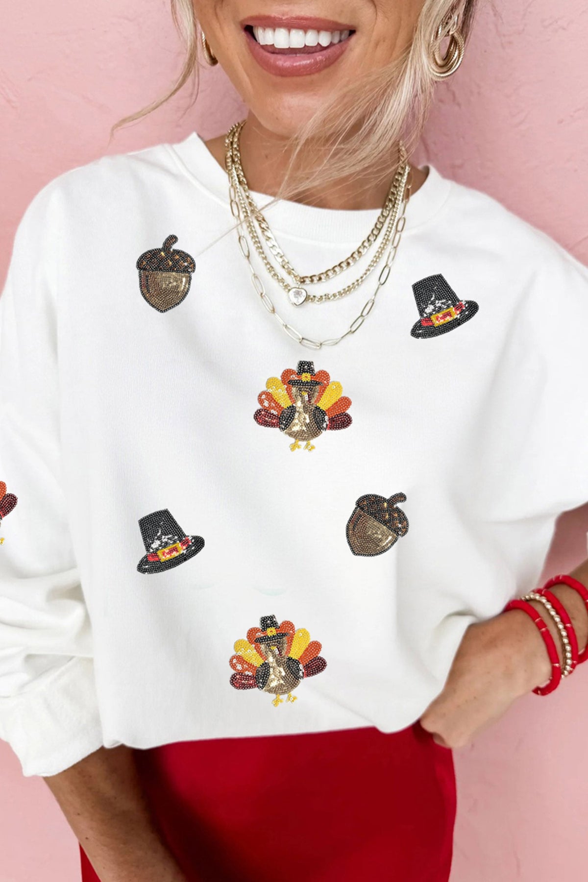 White Sequin Thanksgiving Casual Pullover Sweatshirt