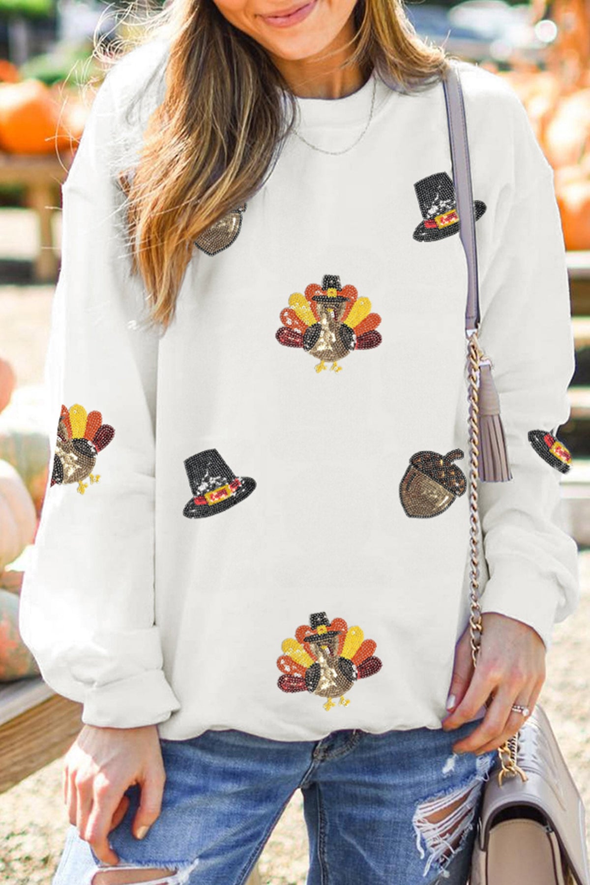 White Sequin Thanksgiving Casual Pullover Sweatshirt