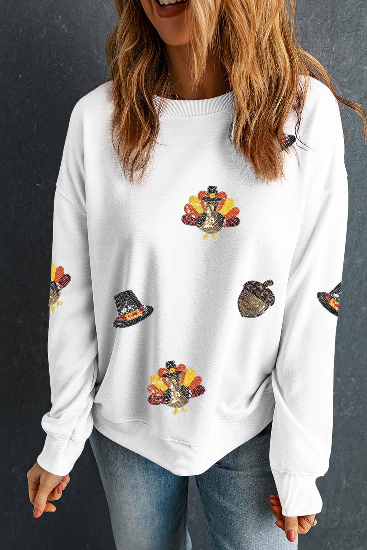 White Sequin Thanksgiving Casual Pullover Sweatshirt